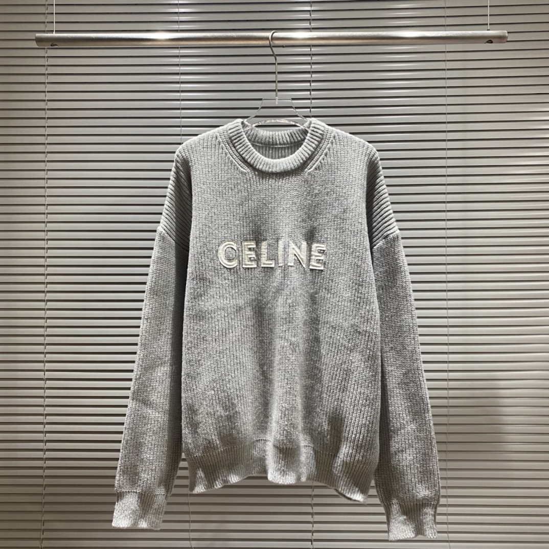 Ce Céline suéter de cuello redondo con logo de piel en el pecho, simple Color: Azul, Rosa, Cian, Negro, Verde, Gris Tal…