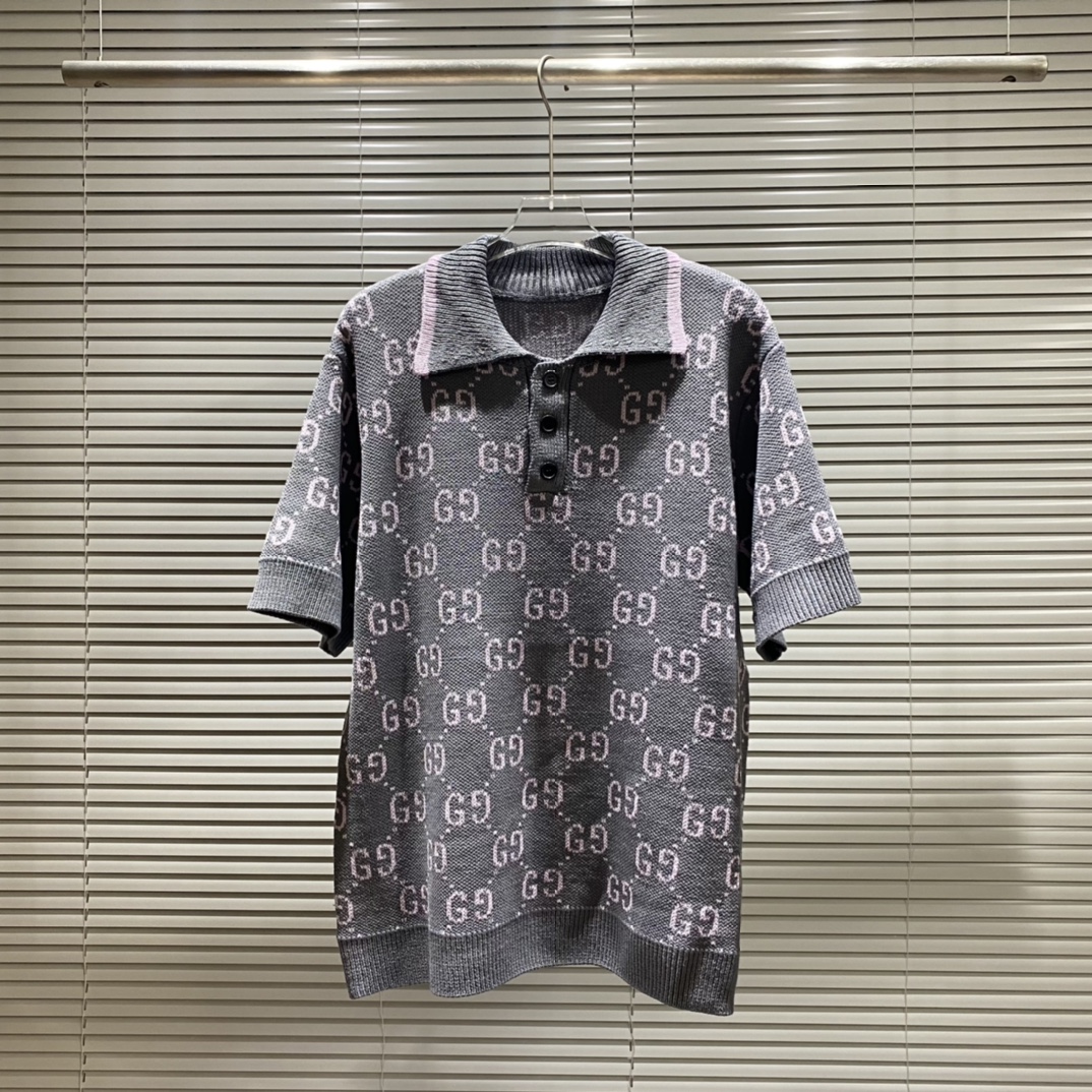 GU Camiseta de punto tipo polo con jacquard de doble G y motivo de intarsia, colores: gris, rosa, tallas: M L XL XXL