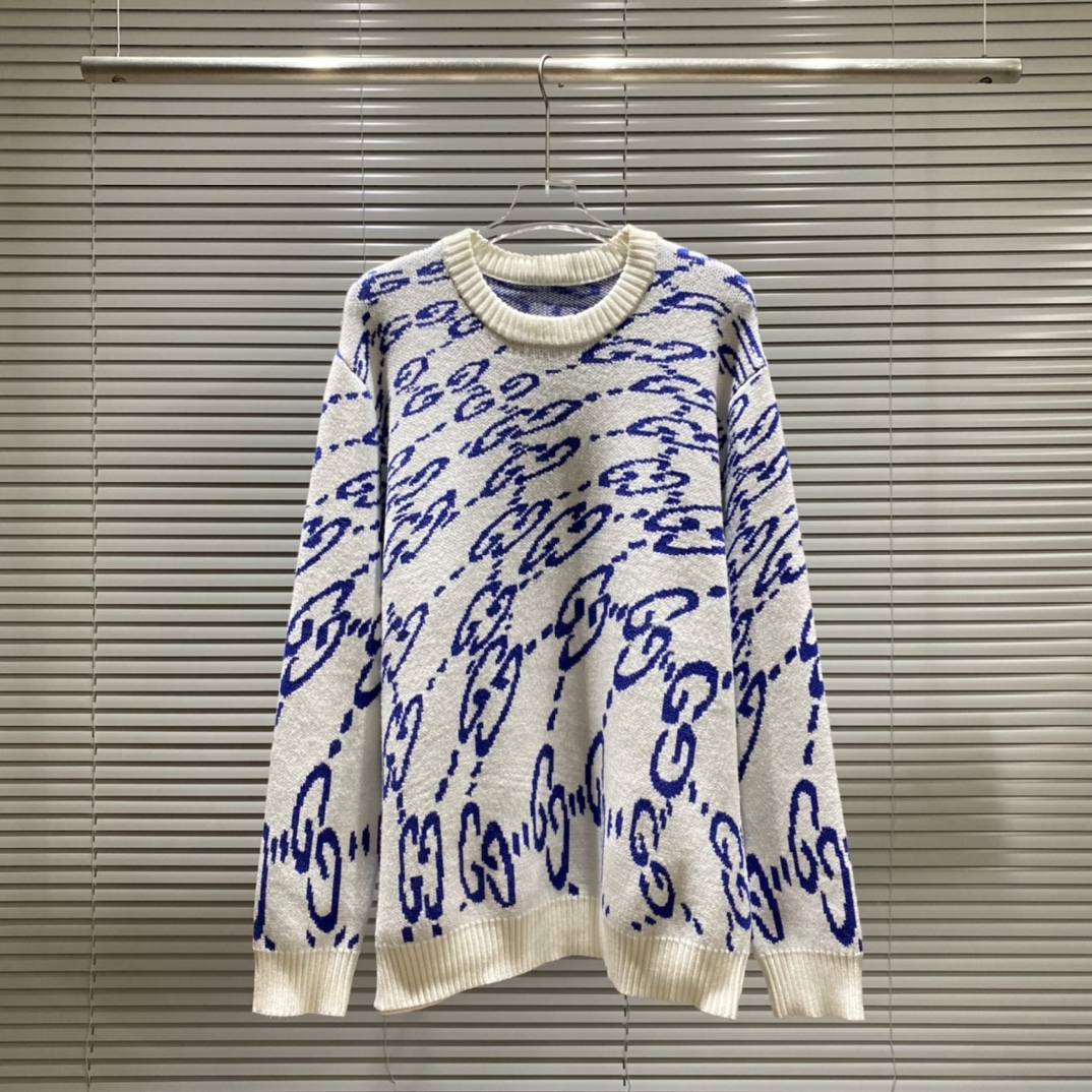 GU Suéter de cuello redondo con jacquard de GG cursiva de cuerpo completo, colores: negro, blanco. Tallas: S M L XL XXL