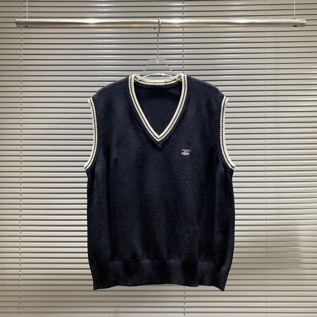 Ce Céline chaleco de punto con bordado pequeño logo y línea blanca en el cuello Color: Negro Tallas: S M L XL XXL
