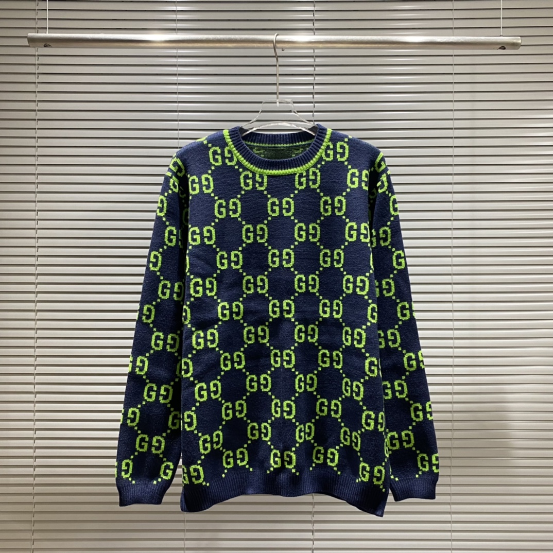 GU Suéter de cuello redondo con jacquard de doble G de cuerpo completo, colores: negro/verde, azul/blanco, marrón/amari…