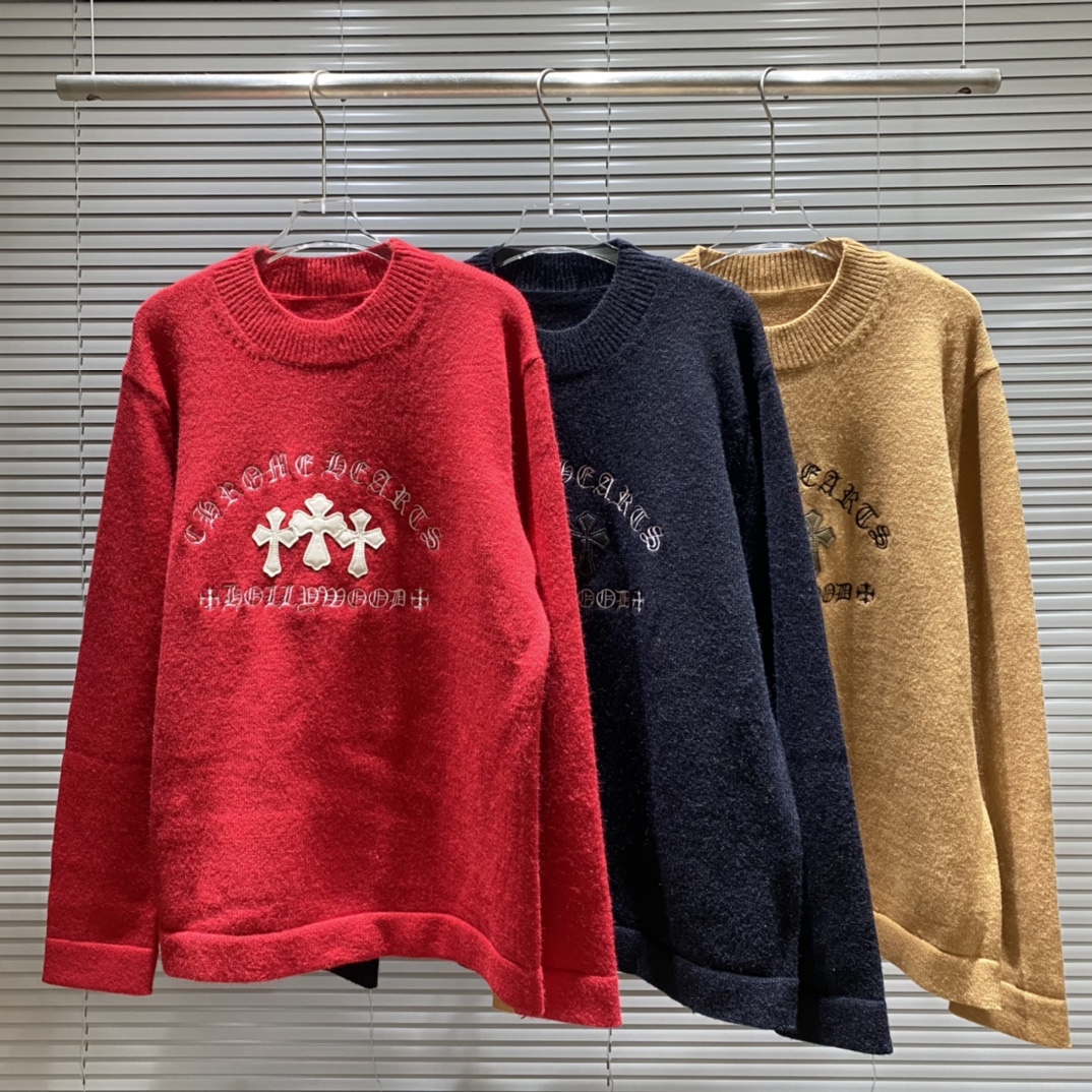 Embroidered Cross Pelt-Collar Sweater in Red, Black, Brown – Sizes SM to XXL - 图片 9