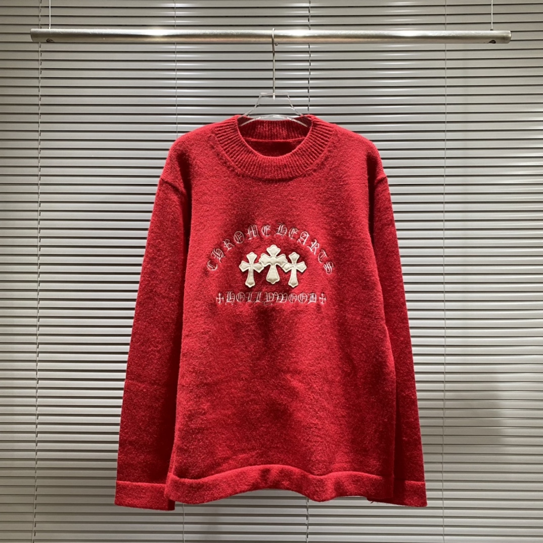 Embroidered Cross Pelt-Collar Sweater in Red, Black, Brown – Sizes SM to XXL - 图片 1