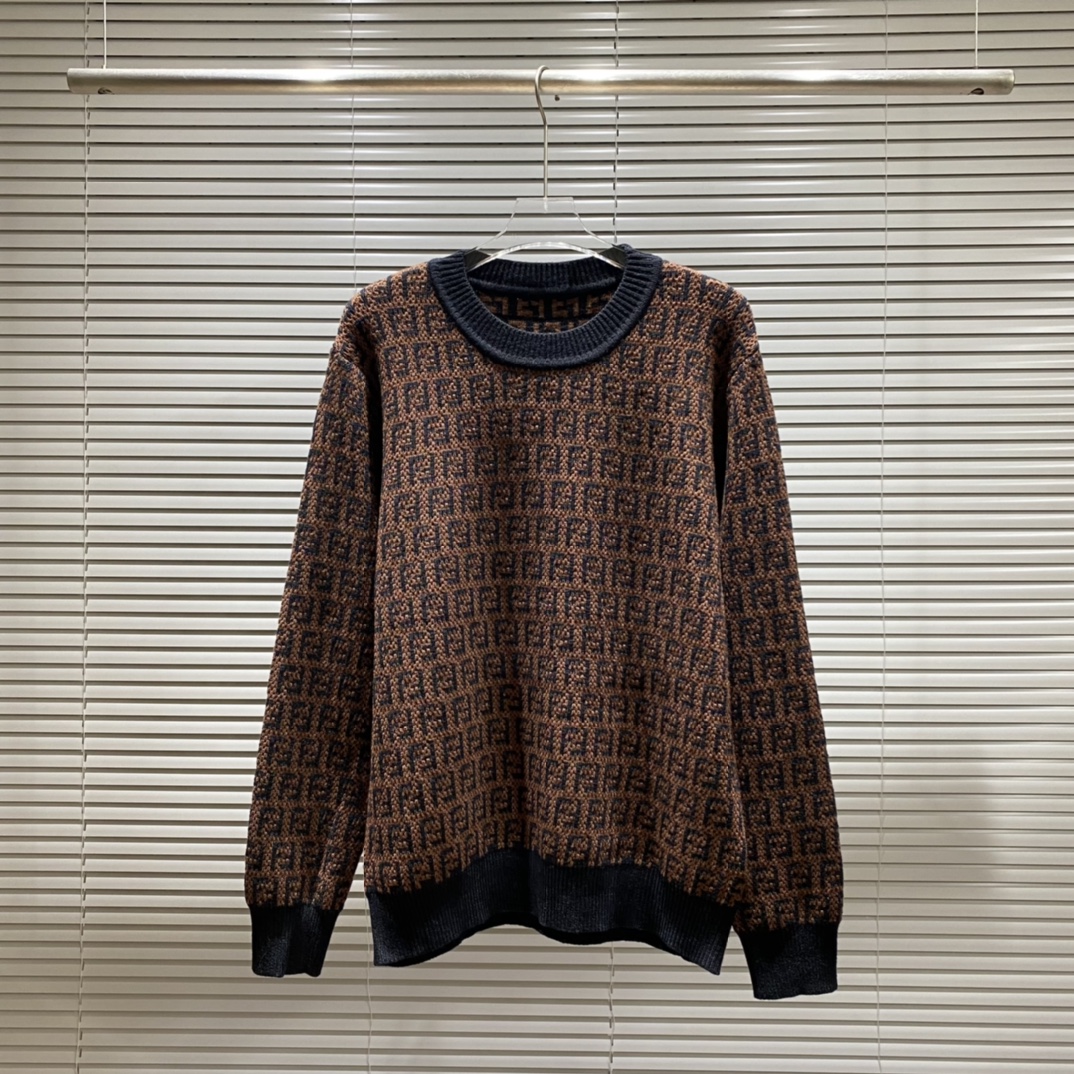 FD Fendi suéter de cuello redondo jacquard doble F logo con efecto de relieve. Colores: albaricoque, marrón. …