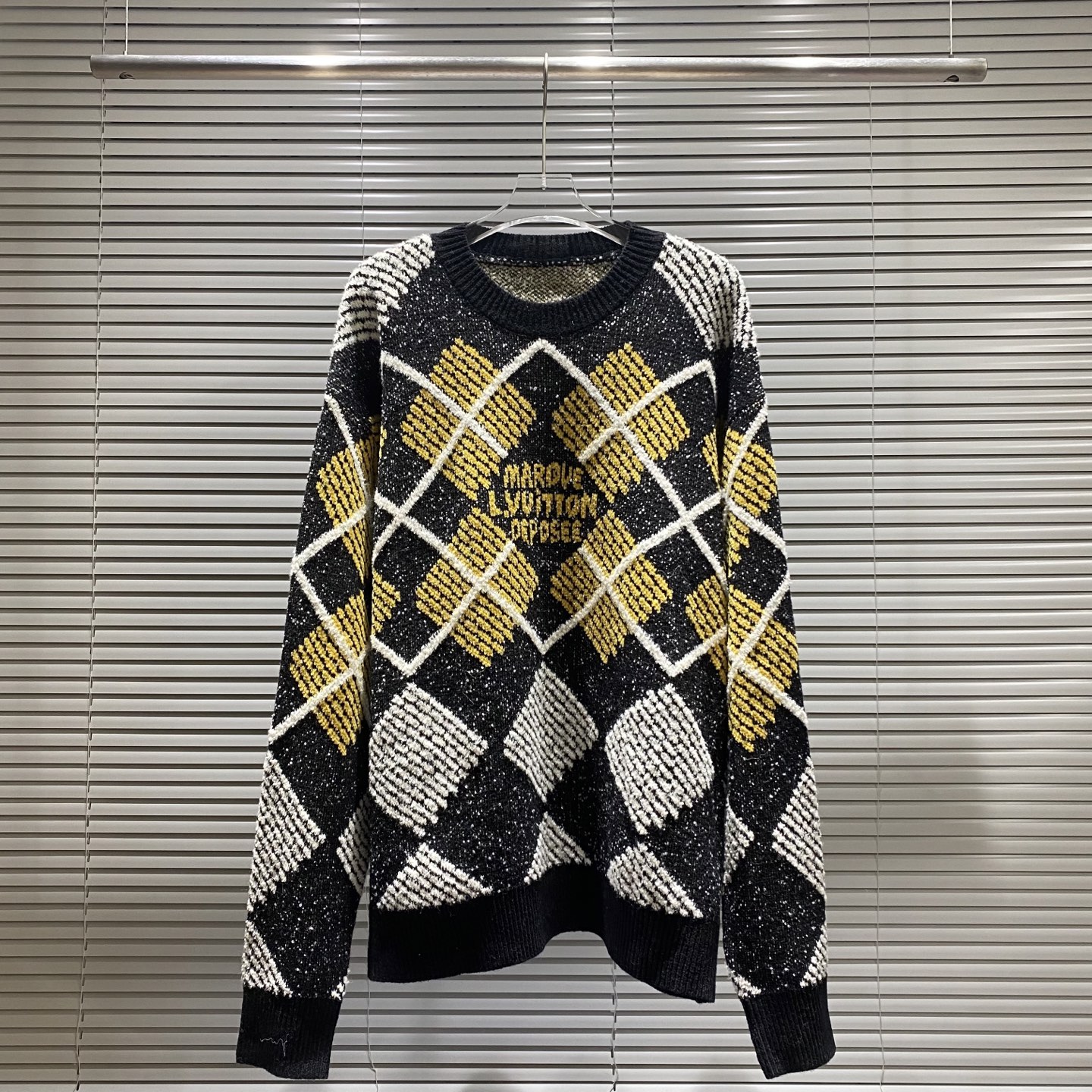 Louis Vuitton Men's Black Argyle Jacquard Crewneck Wool Sweater