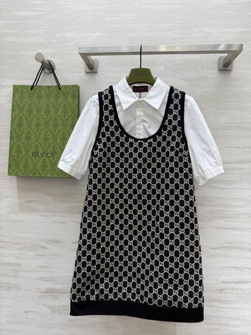 Gucci Women's Black & White Jacquard Knit Layered-Look Mini Dress
