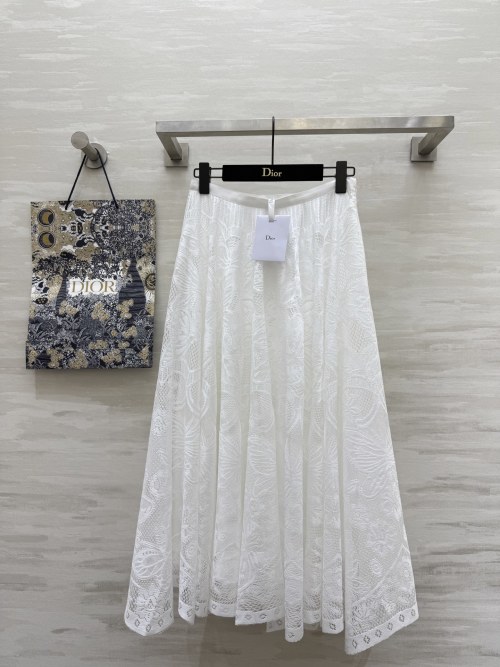 Dior White Lace Skirt Midi A-Line Embroidery High Waist Elegant