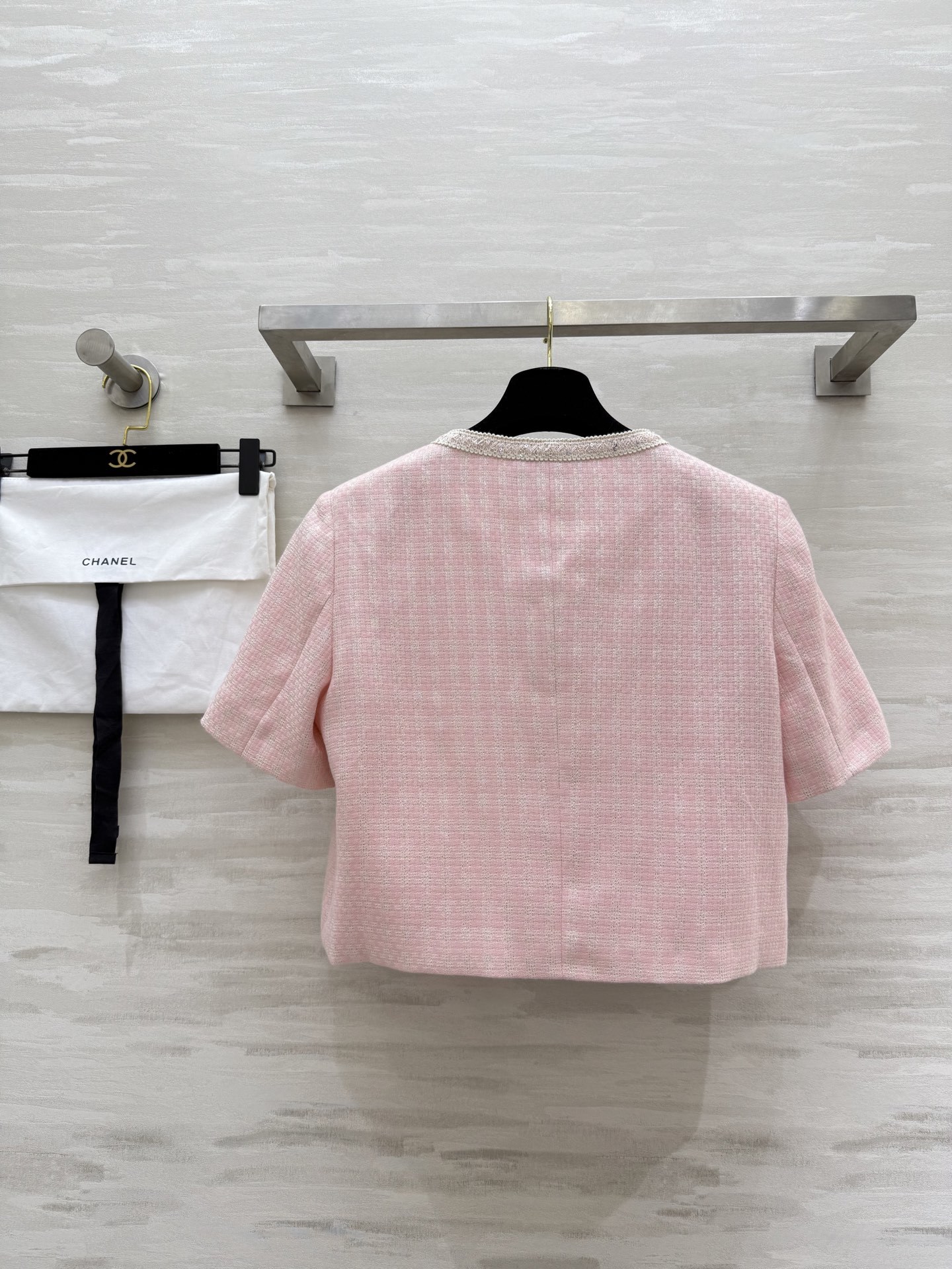 #Chane♡²⁵s新款甜美名媛风短袖上衣 独家开版 定制面料轻薄透气 粉色加银线编织面料颜色上身超级显