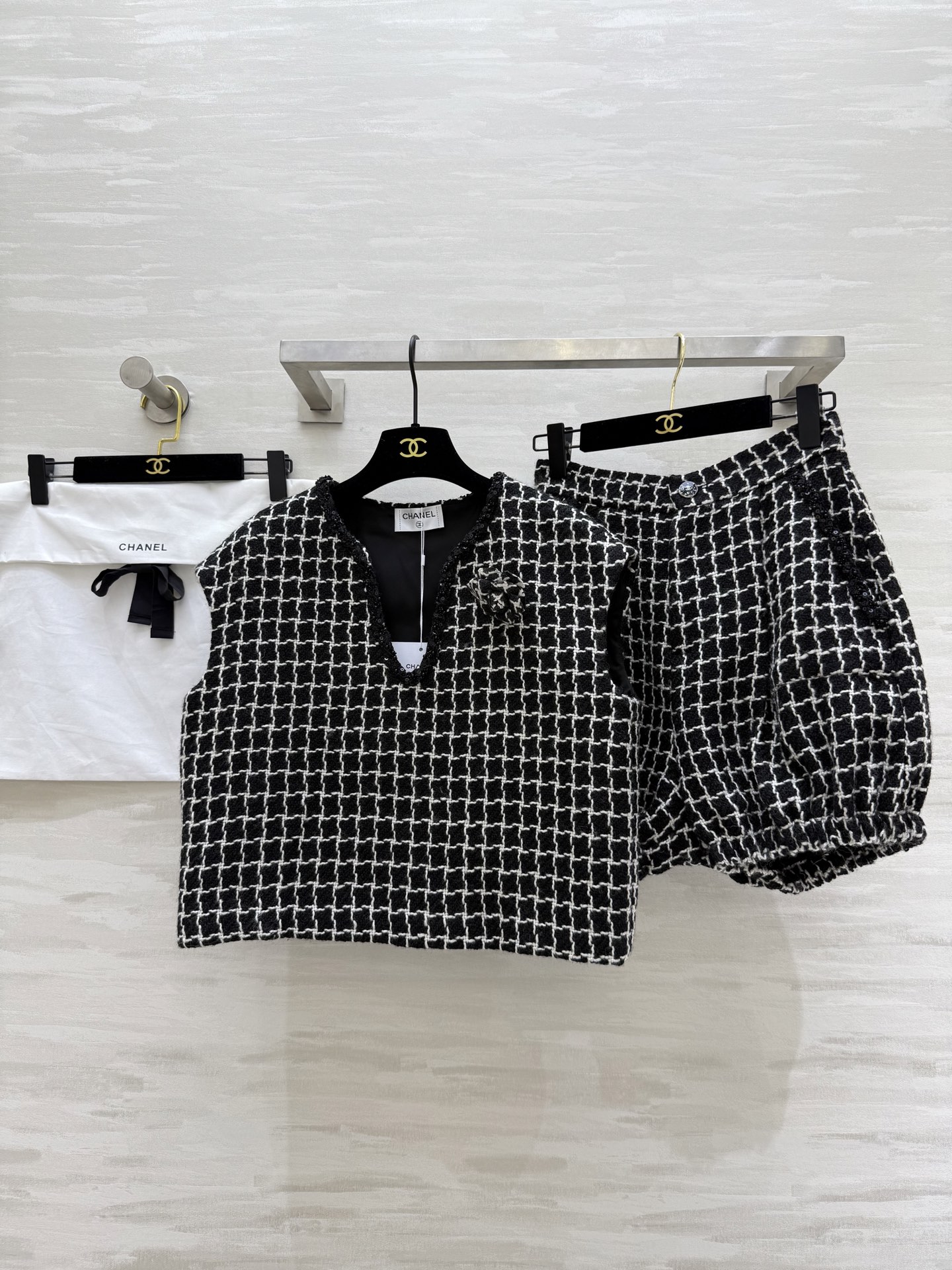 Chanel Black & White Woven Grid Set, Camellia Brooch, Slim Fit, High Quality