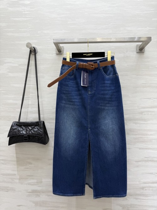 Ralph Lauren Distressed Denim Midi Skirt with Front Slit and Belt - Stylish! 1 Ralph Lauren Distressed Denim Midi Skirt with Front Slit and Belt - Stylish!
