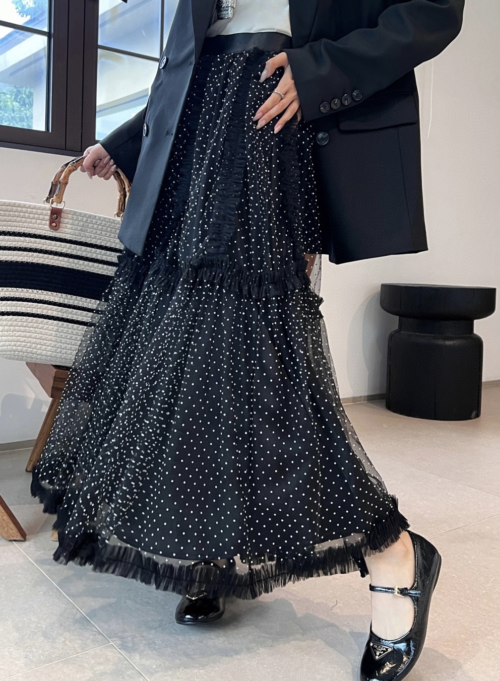 #DIO♡²⁵早秋新款 波点植绒网纱半裙 高品质定制 现货首发size：S/M/L（s码弹力腰围：64，