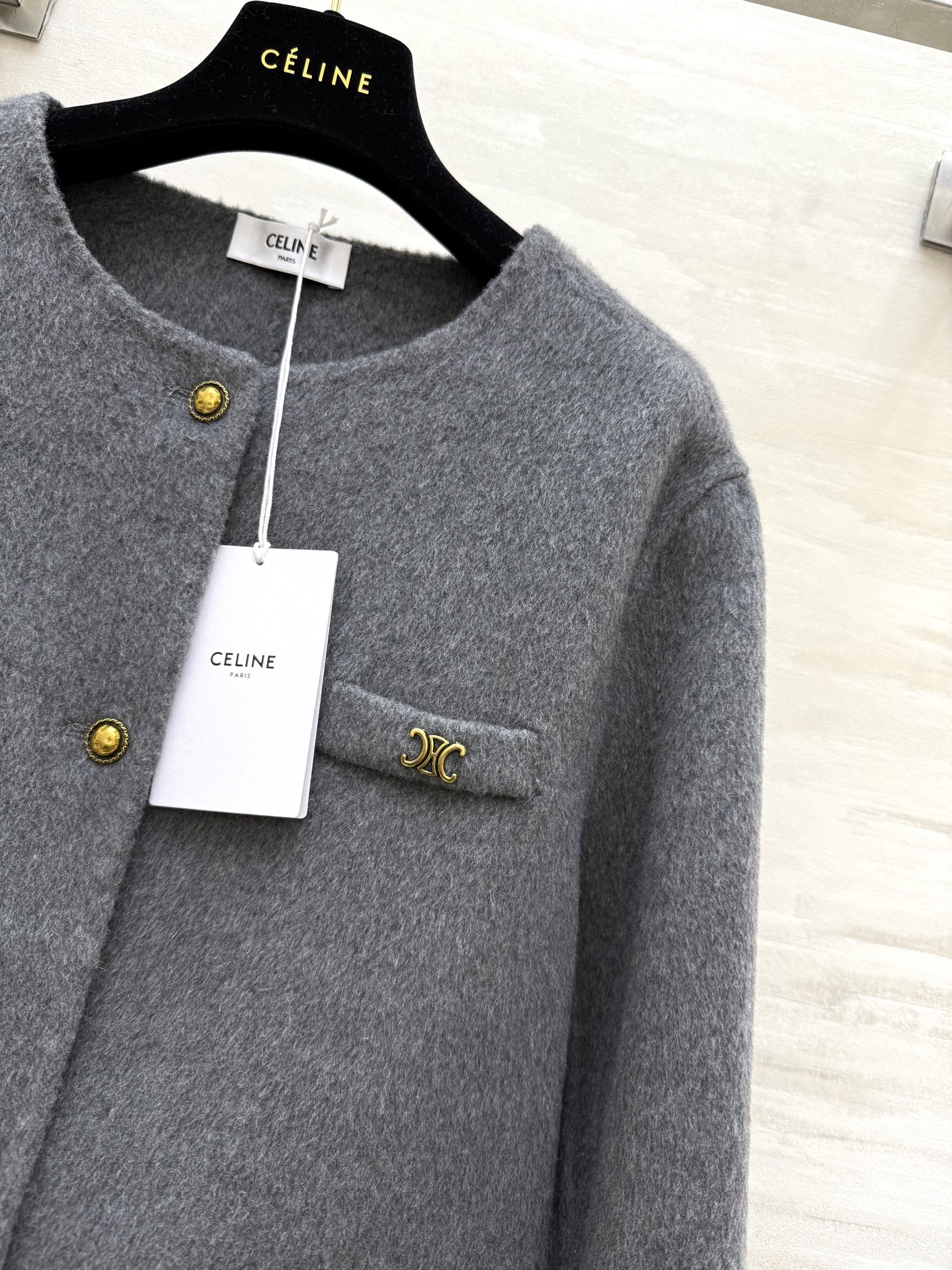 #Celin♡²⁵秋冬新款 凯旋门金扣 羊毛羊绒外套90%澳毛10%羊绒 学院风小圆领 双口袋 宽松版型