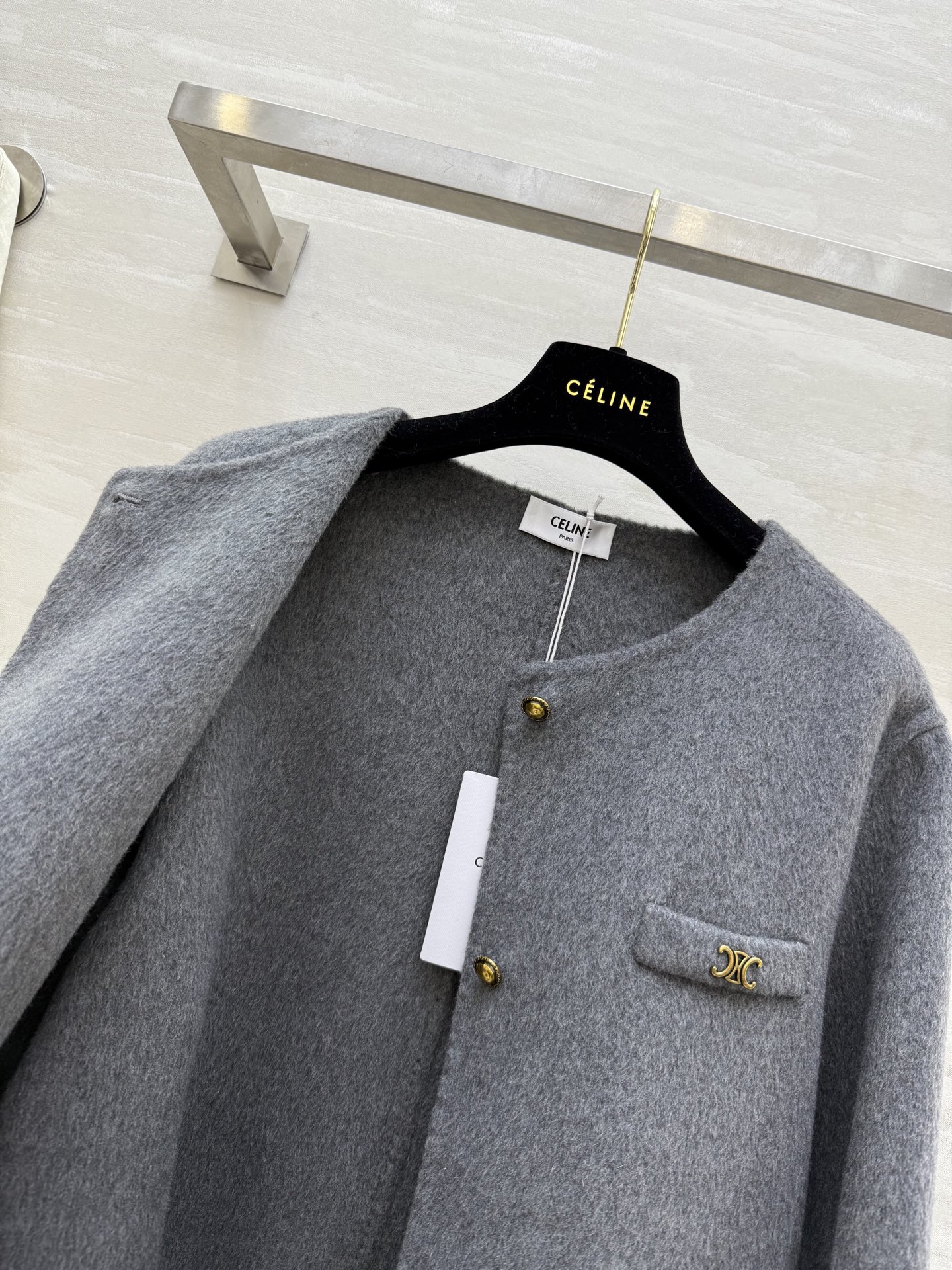 #Celin♡²⁵秋冬新款 凯旋门金扣 羊毛羊绒外套90%澳毛10%羊绒 学院风小圆领 双口袋 宽松版型