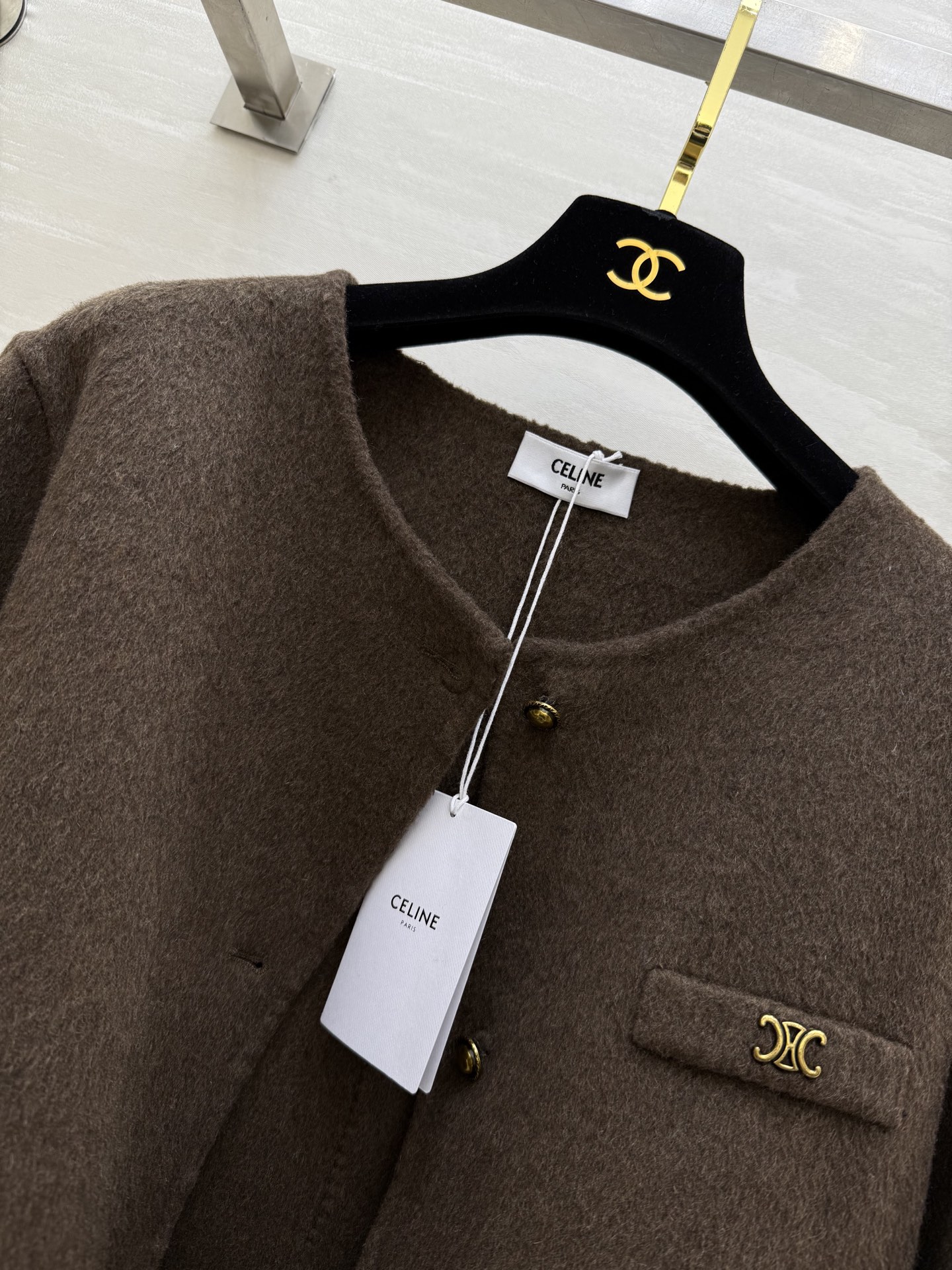 #Celin♡²⁵秋冬新款 凯旋门金扣 羊毛羊绒外套90%澳毛10%羊绒 学院风小圆领 双口袋 宽松版型