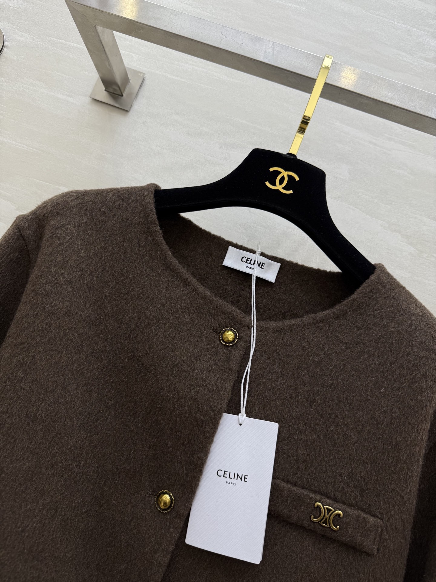 #Celin♡²⁵秋冬新款 凯旋门金扣 羊毛羊绒外套90%澳毛10%羊绒 学院风小圆领 双口袋 宽松版型