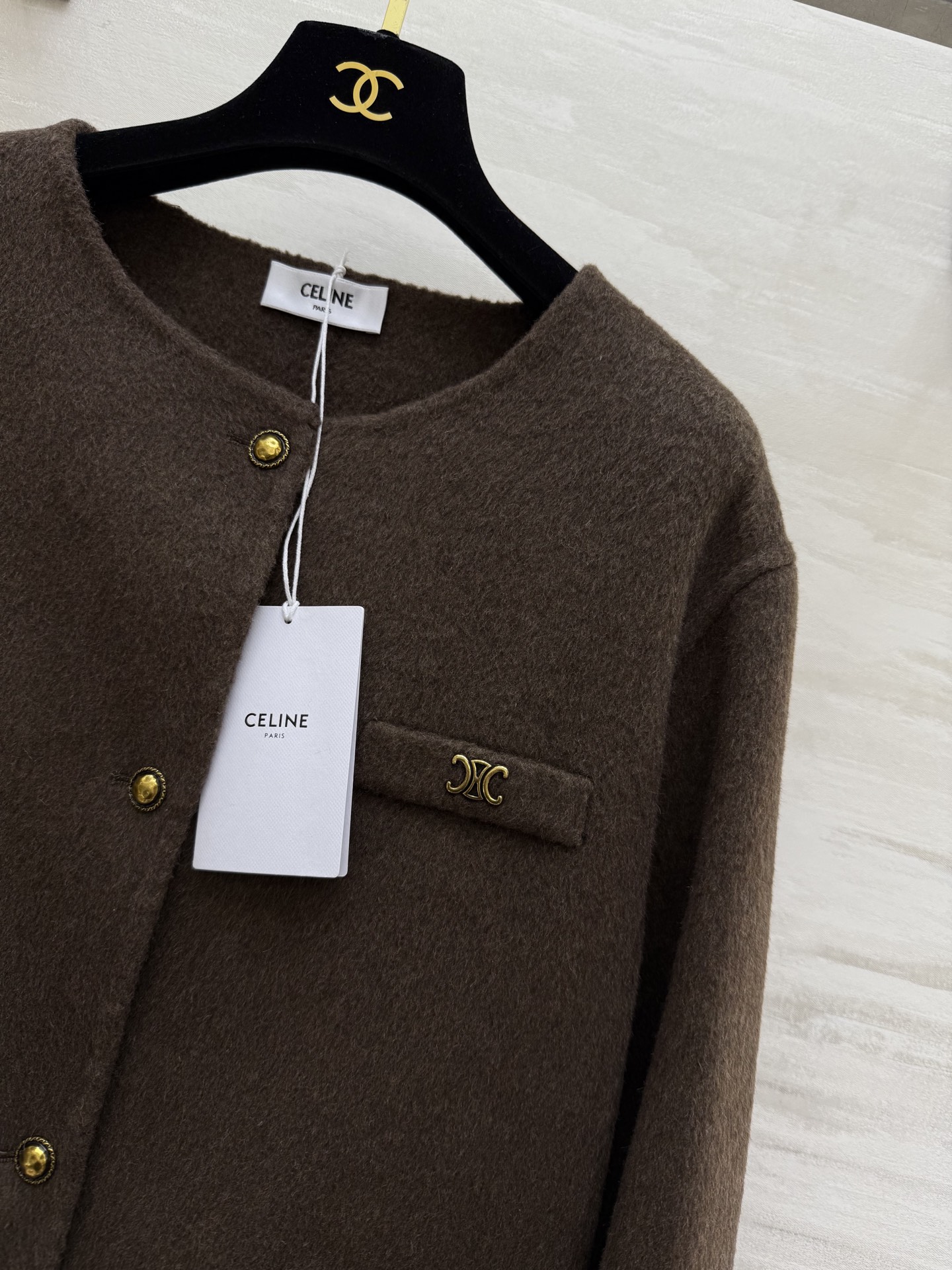 #Celin♡²⁵秋冬新款 凯旋门金扣 羊毛羊绒外套90%澳毛10%羊绒 学院风小圆领 双口袋 宽松版型