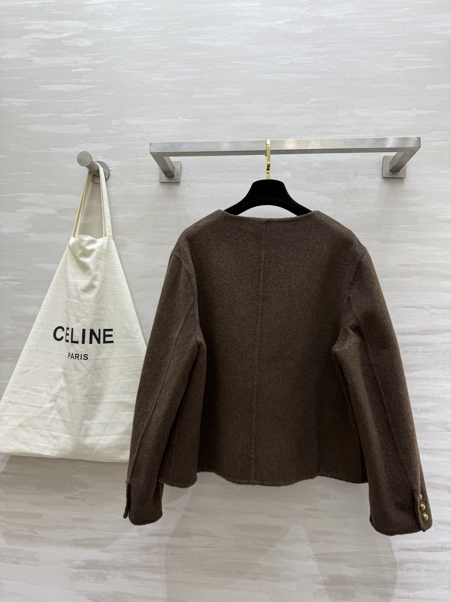 #Celin♡²⁵秋冬新款 凯旋门金扣 羊毛羊绒外套90%澳毛10%羊绒 学院风小圆领 双口袋 宽松版型