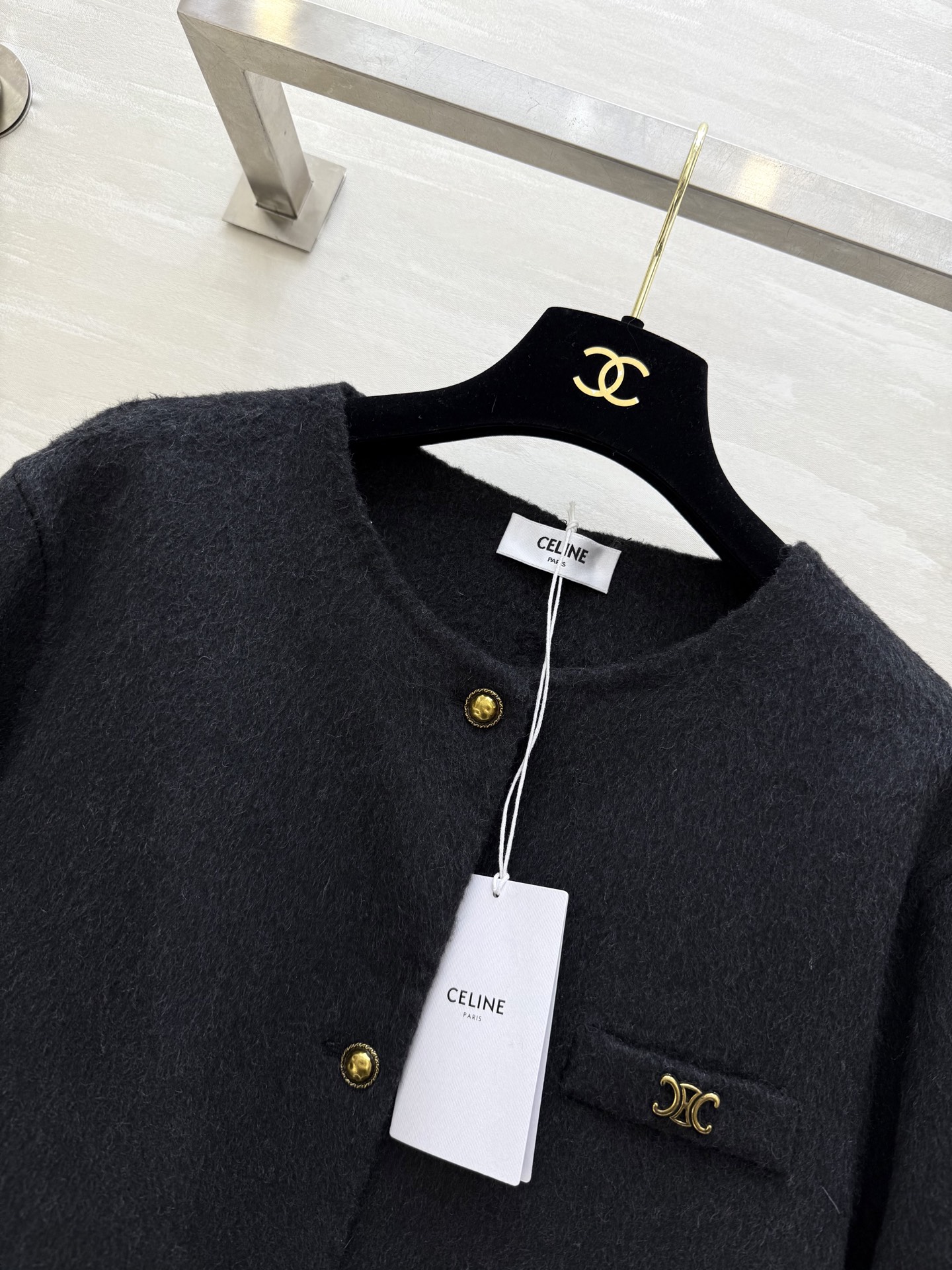 #Celin♡²⁵秋冬新款 凯旋门金扣 羊毛羊绒外套90%澳毛10%羊绒 学院风小圆领 双口袋 宽松版型