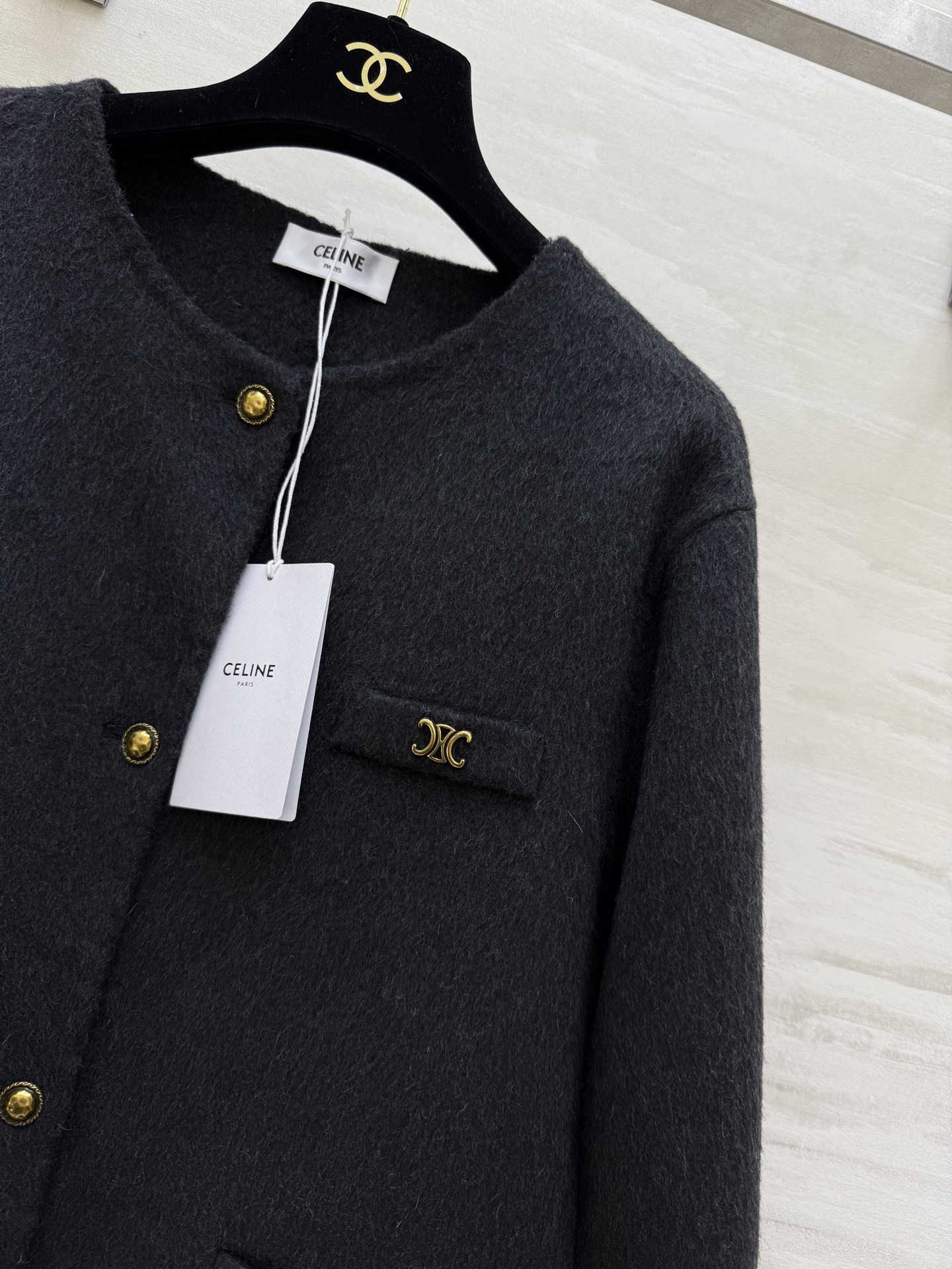 #Celin♡²⁵秋冬新款 凯旋门金扣 羊毛羊绒外套90%澳毛10%羊绒 学院风小圆领 双口袋 宽松版型
