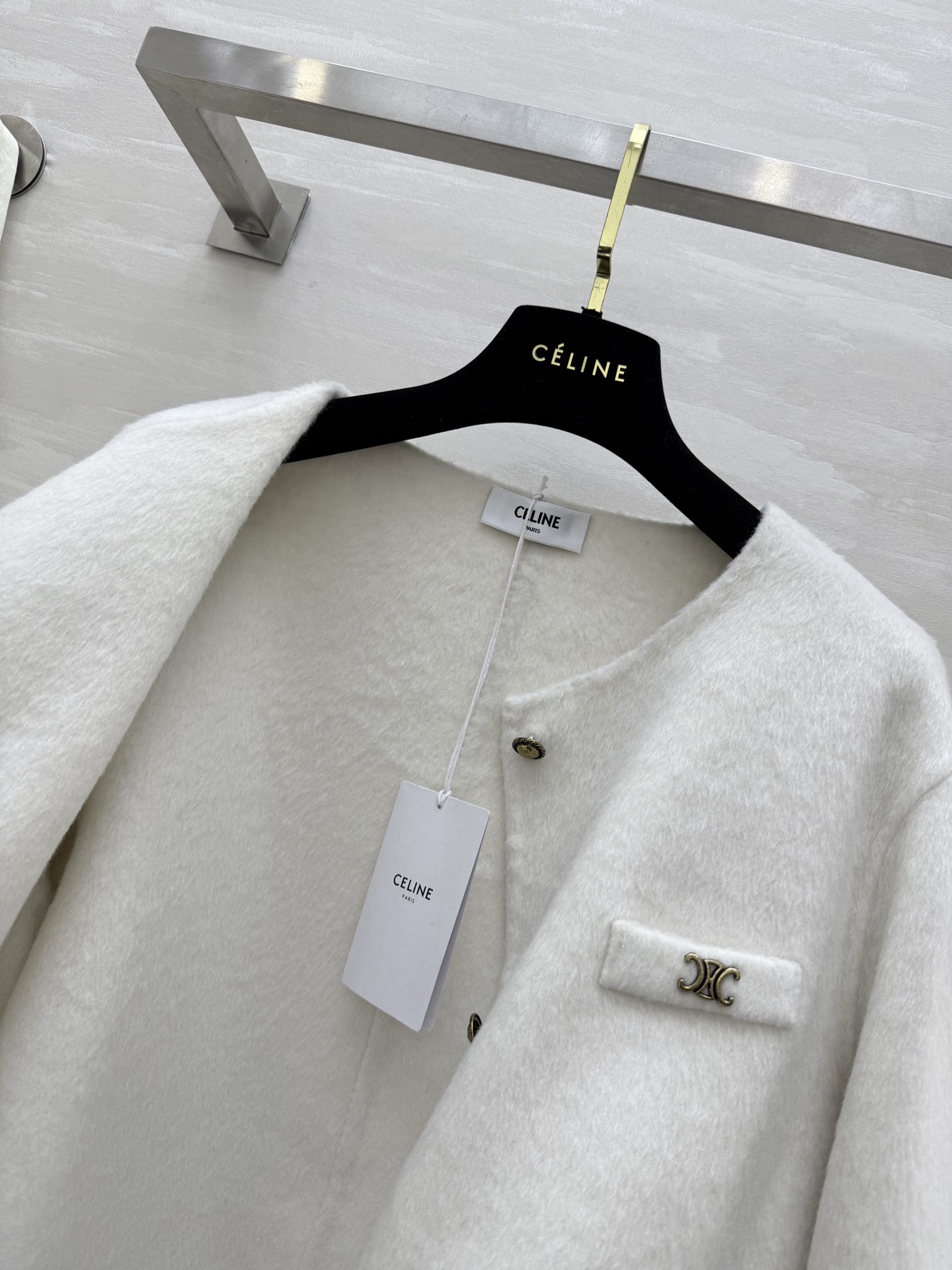 #Celin♡²⁵秋冬新款 凯旋门金扣 羊毛羊绒外套90%澳毛10%羊绒 学院风小圆领 双口袋 宽松版型