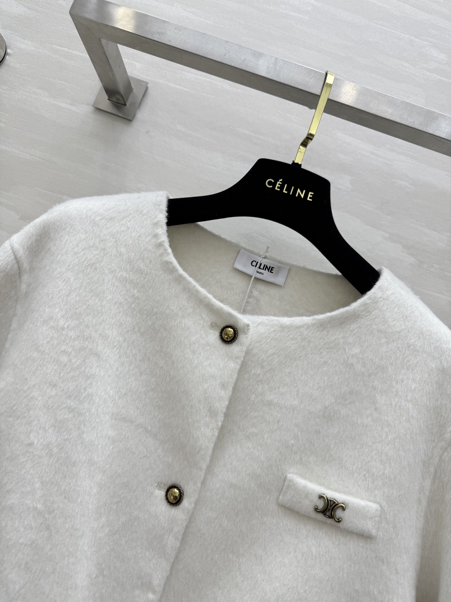 #Celin♡²⁵秋冬新款 凯旋门金扣 羊毛羊绒外套90%澳毛10%羊绒 学院风小圆领 双口袋 宽松版型