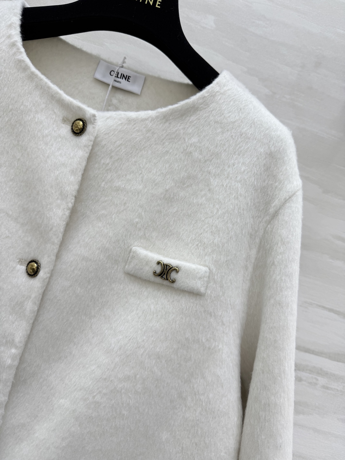 #Celin♡²⁵秋冬新款 凯旋门金扣 羊毛羊绒外套90%澳毛10%羊绒 学院风小圆领 双口袋 宽松版型