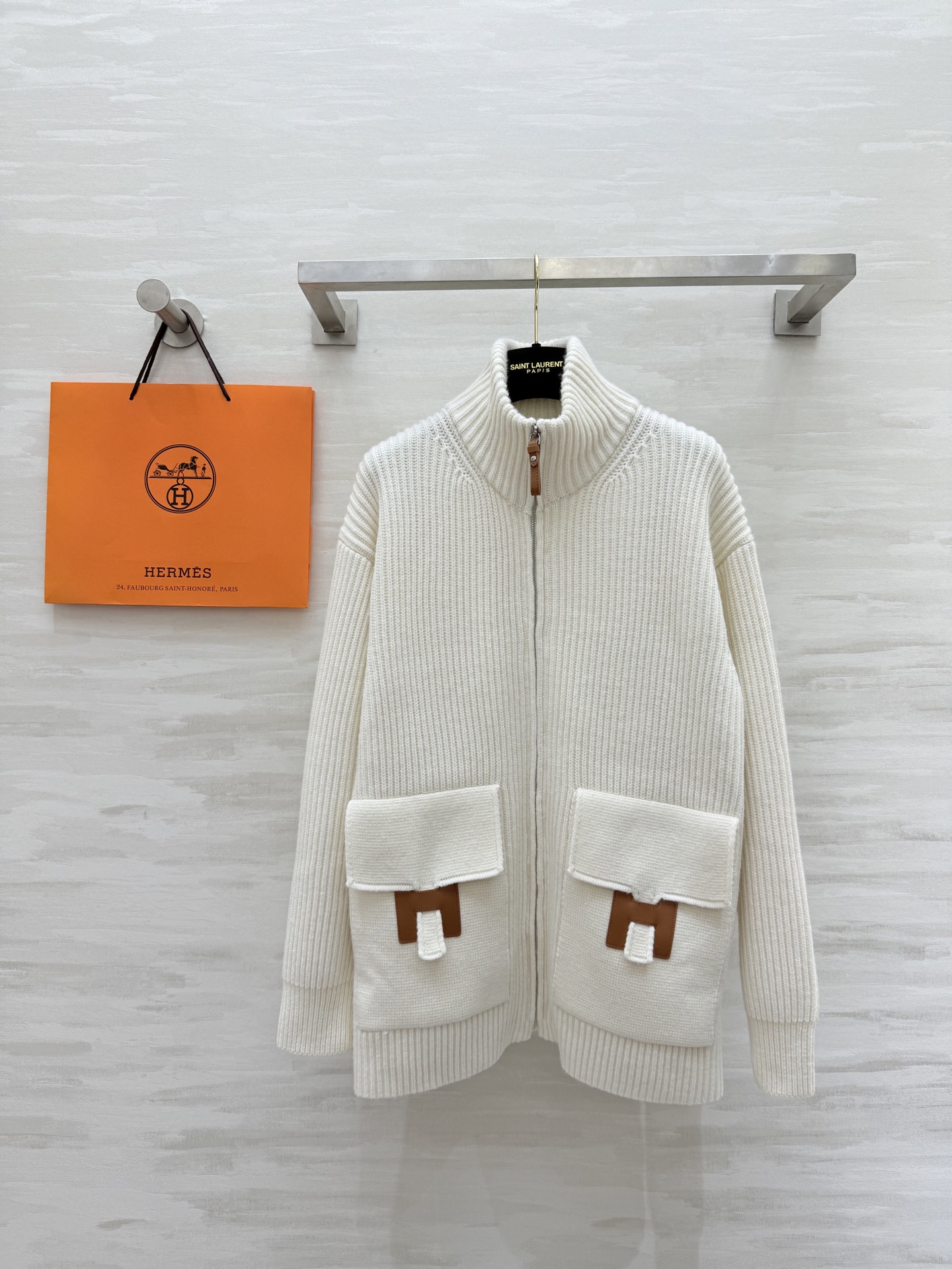 Hermès Women's Wool Blend Cardigan with Leather Pocket Detail - Elegant & Warm