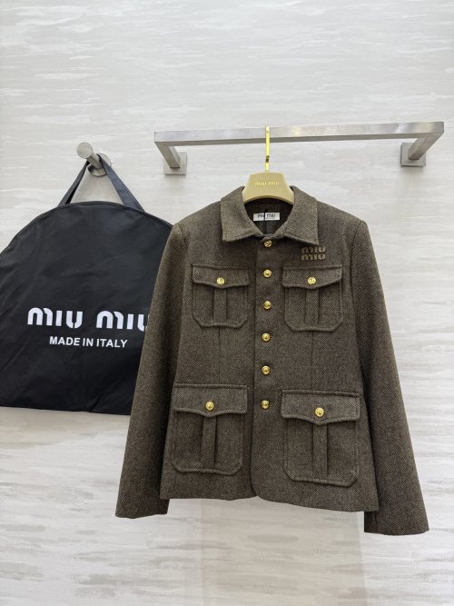 Miu Miu Women's Wool Herringbone Jacket with Collar - High Quality Custom 1 Miu Miu Women's Wool Herringbone Jacket with Collar - High Quality Custom