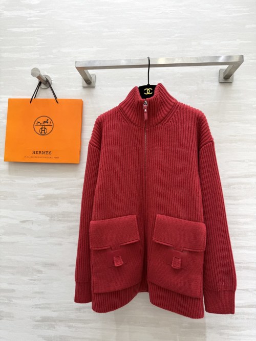 Hermes Women's Wool Blend Knit Sweater with Leather Pockets 1 Hermes Women's Wool Blend Knit Sweater with Leather Pockets