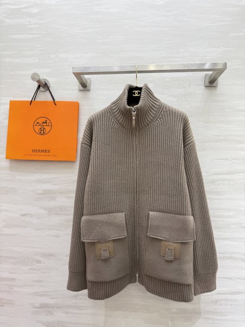 Hermès Women's Beige Merino Wool Knit Sweater with Leather Pockets 1 Hermès Women's Beige Merino Wool Knit Sweater with Leather Pockets