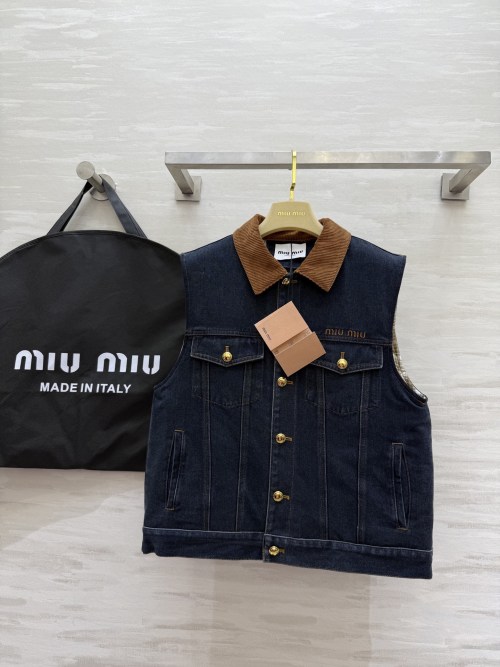 Miu Miu Denim Padded Gilet with Corduroy Collar - Chic & Comfortable 1 Miu Miu Denim Padded Gilet with Corduroy Collar - Chic & Comfortable