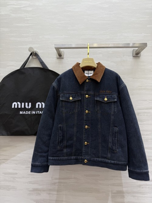 Miu Miu Quilted Denim Jacket with Corduroy Collar - Women's Designer Outerwear 1 Miu Miu Quilted Denim Jacket with Corduroy Collar - Women's Designer Outerwear