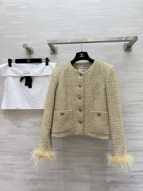 Chanel Gold Sequin Tweed Jacket with Ostrich Feather Cuffs - Luxurious Style 1 Chanel Gold Sequin Tweed Jacket with Ostrich Feather Cuffs - Luxurious Style