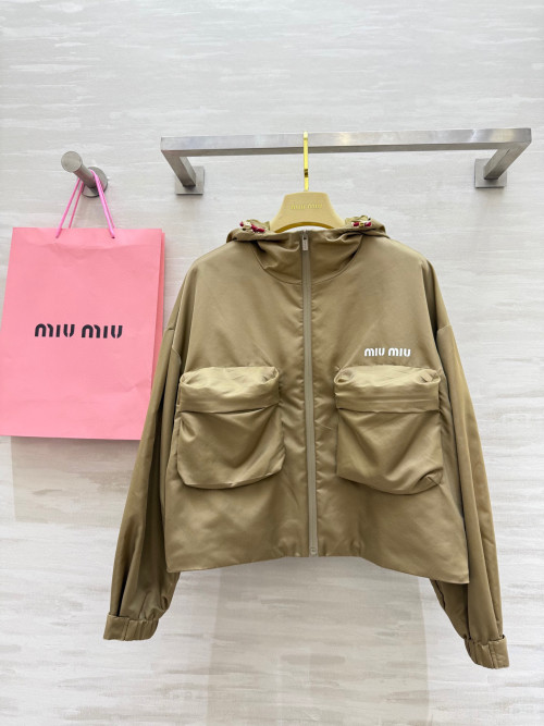Miu Miu Women's Hooded Nylon Windbreaker Jacket with Pockets - Autumn Style 1 Miu Miu Women's Hooded Nylon Windbreaker Jacket with Pockets - Autumn Style