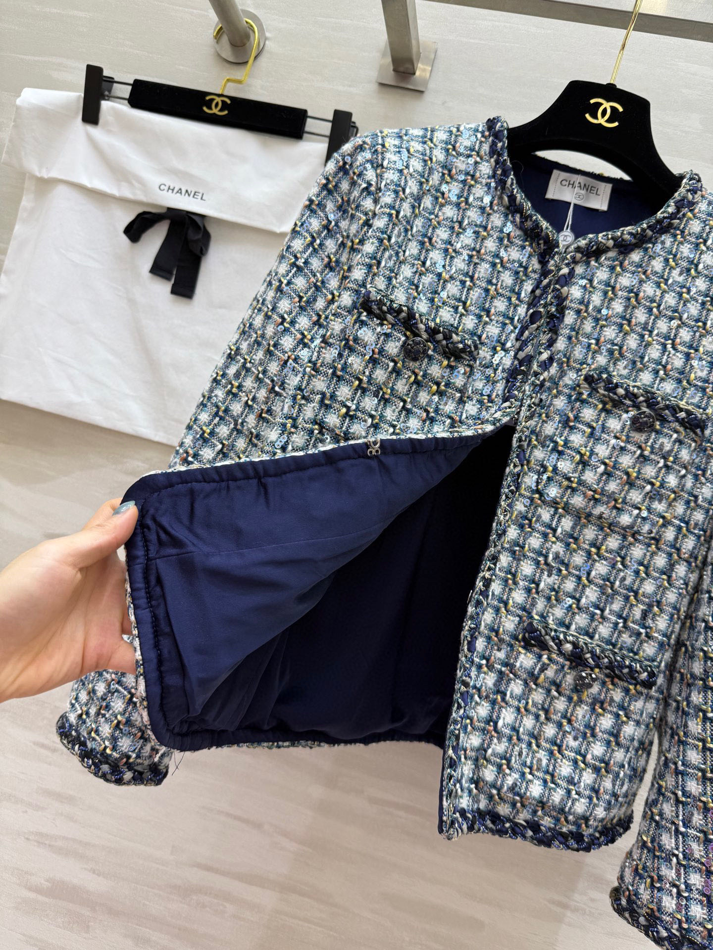 Chanel Tweed Jacket: Blue, White, Black Geometric Pattern, Elegant Design 6 i1761861440779 3519 0 4