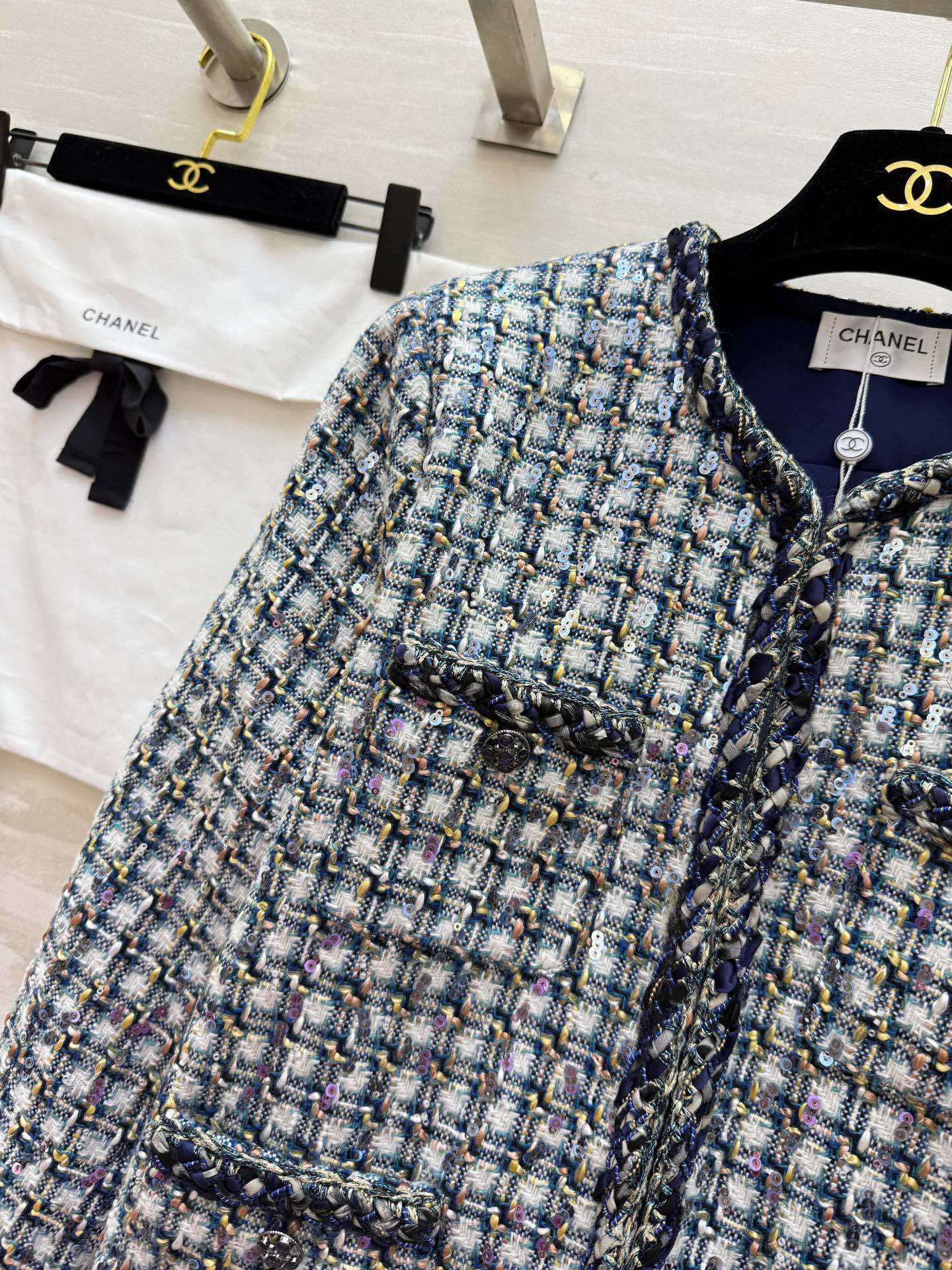 Chanel Tweed Jacket: Blue, White, Black Geometric Pattern, Elegant Design 4 i1761861440874 1252 0 2