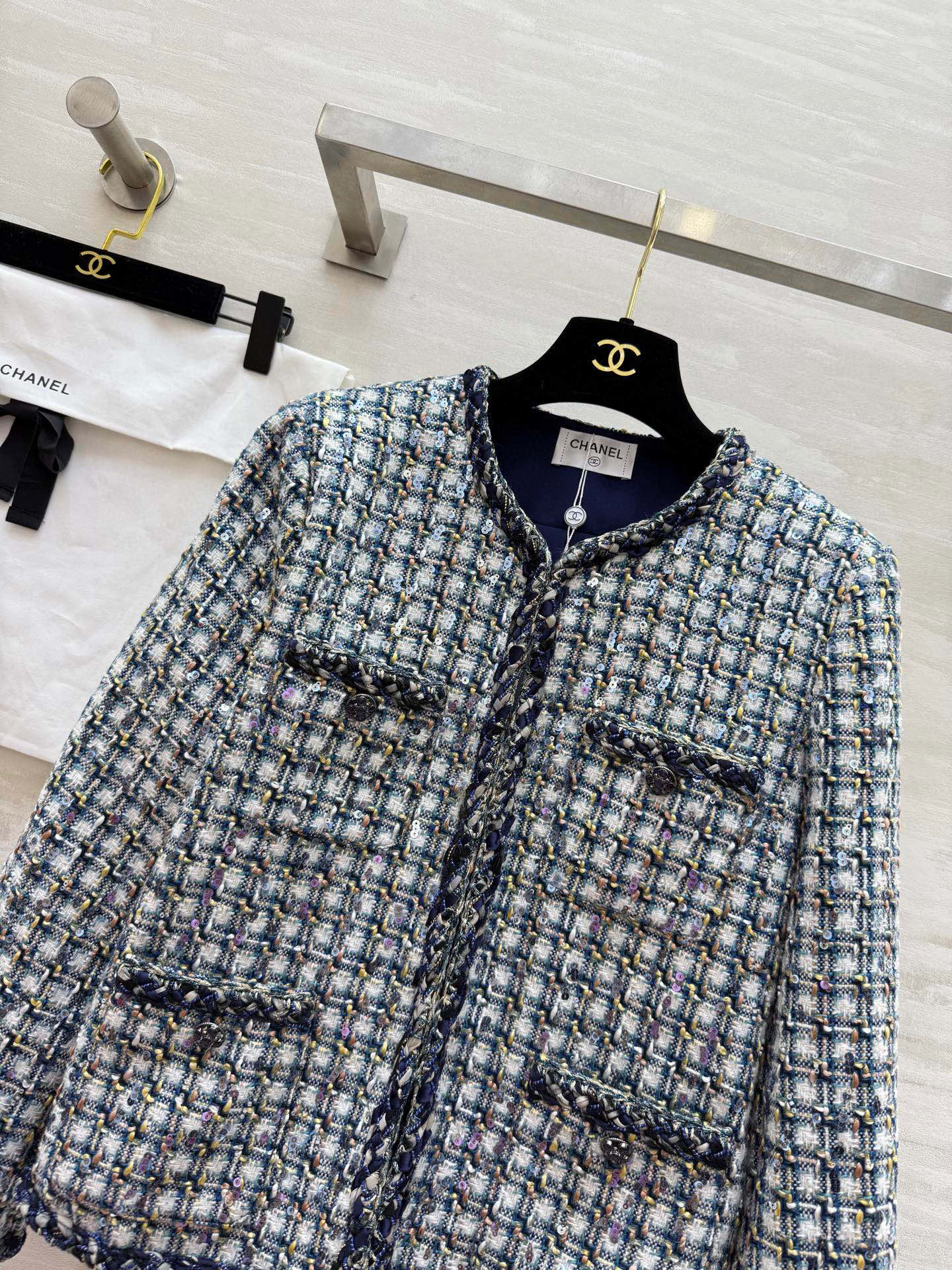 Chanel Tweed Jacket: Blue, White, Black Geometric Pattern, Elegant Design 3 i1761861440885 7536 0 1
