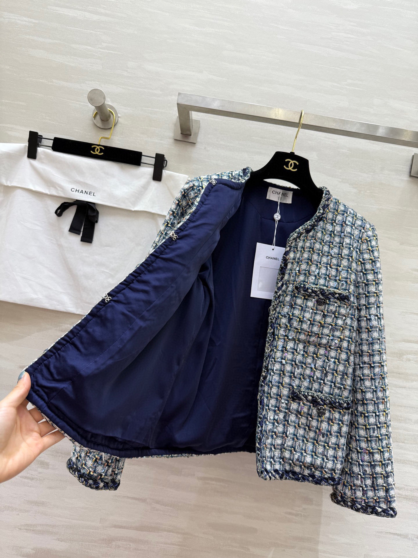 Chanel Tweed Jacket: Blue, White, Black Geometric Pattern, Elegant Design 9 i1761861440919 5373 0 7