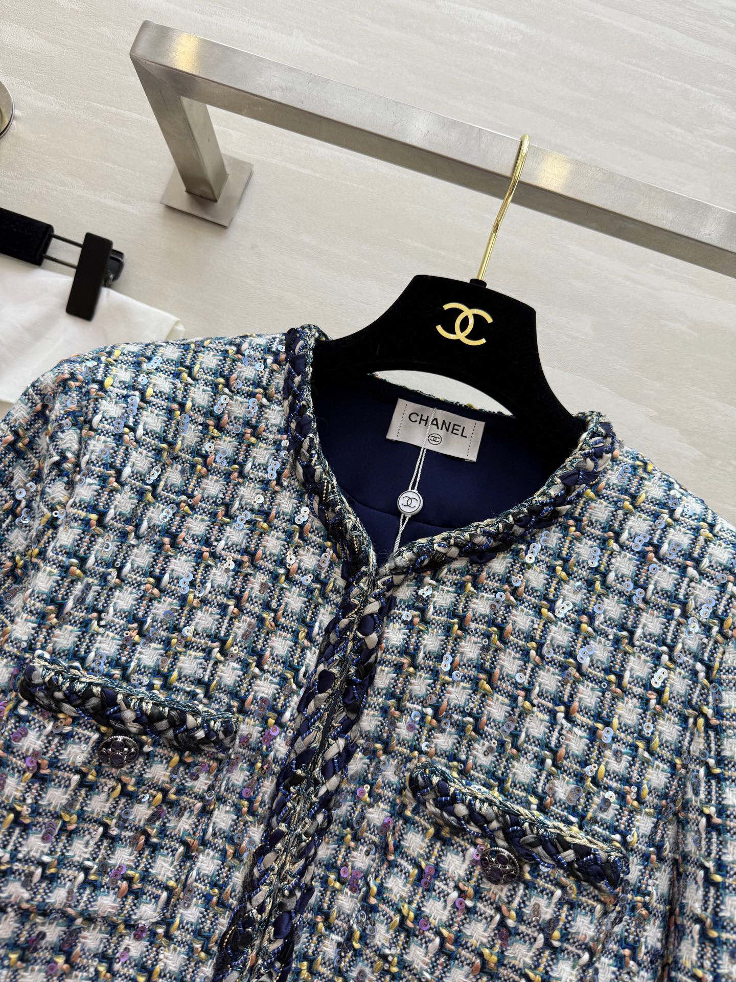 Chanel Tweed Jacket: Blue, White, Black Geometric Pattern, Elegant Design 8 i1761861442245 4457 0 6