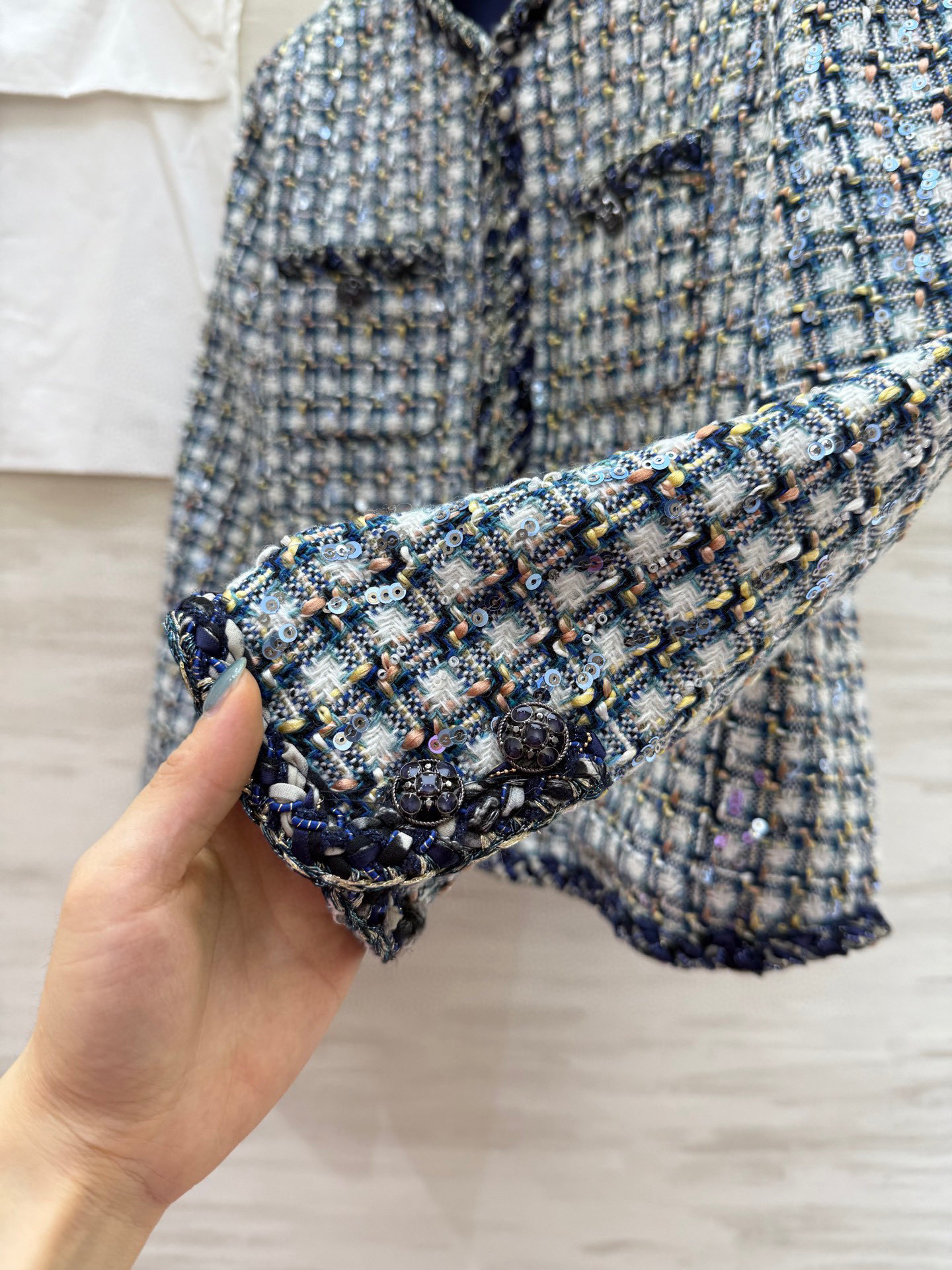 Chanel Tweed Jacket: Blue, White, Black Geometric Pattern, Elegant Design 5 i1761861442306 7056 0 3
