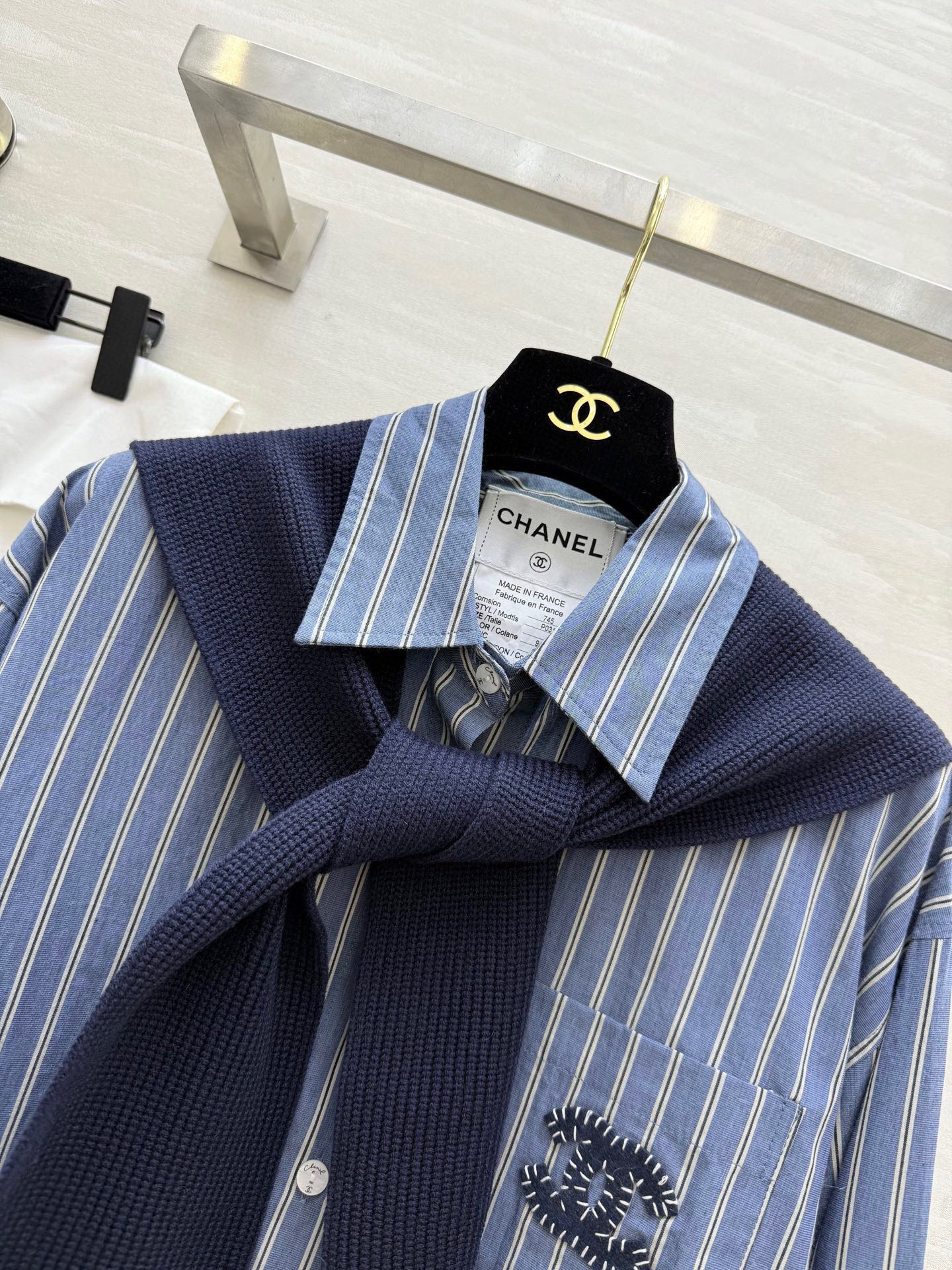 #Chane♡²⁵新款 oversize蓝条纹衬衫+针织小披肩 慵懒又有层次感 高品质定制 现货首发si