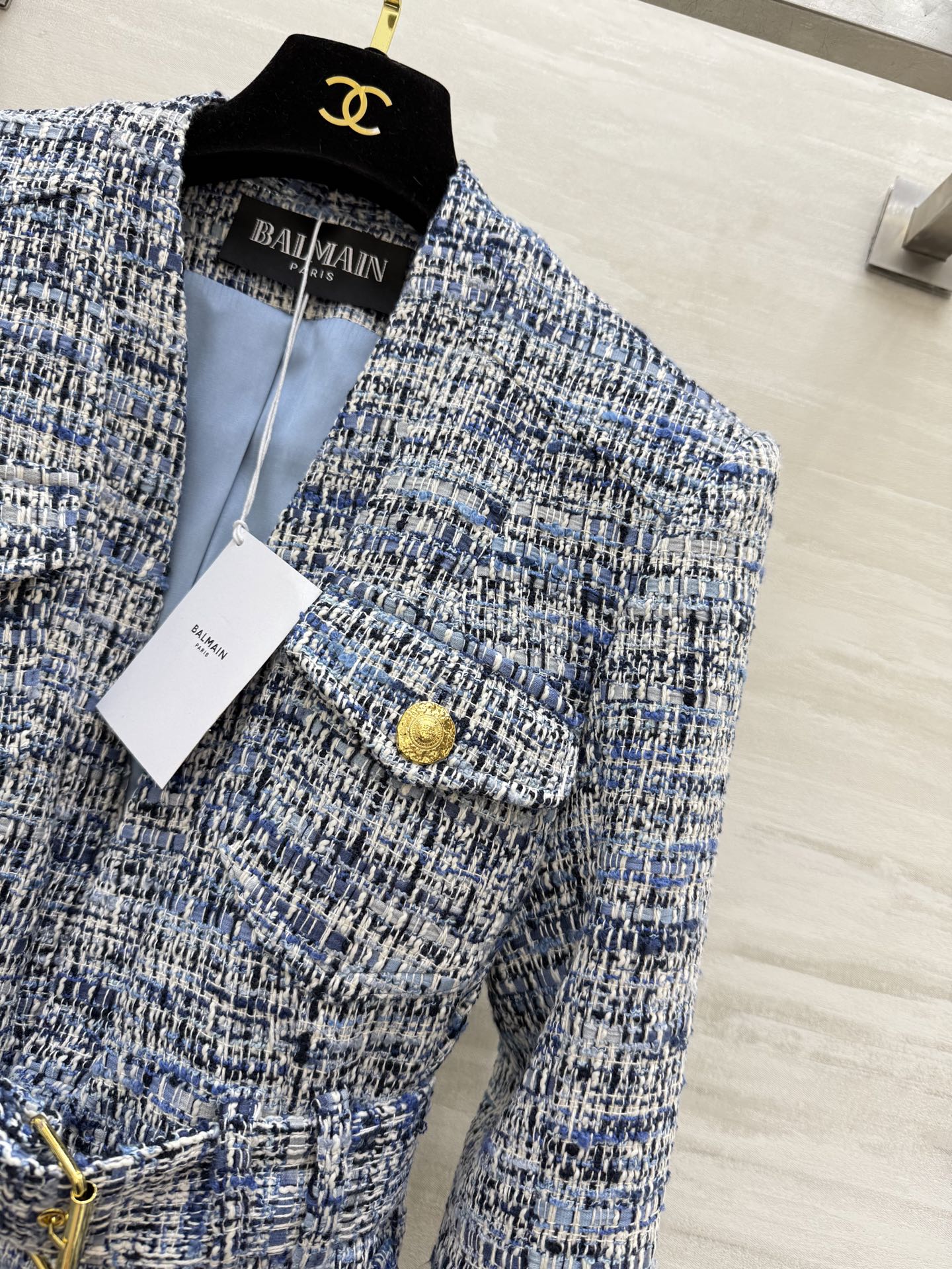 #BALMAI♡²⁶新款 蓝白花呢外套 经典粗花呢 蓝白编织纹理超有质感 金色纽扣+腰带细节法式优雅与现