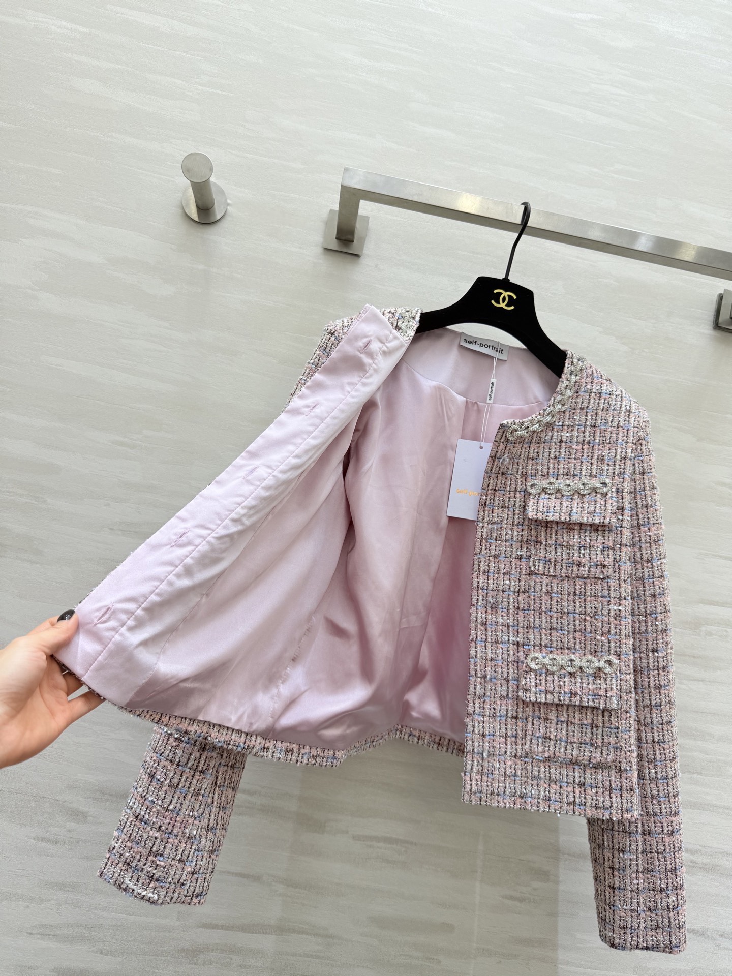 #self-portrai♡新款 重工钻链编织花呢外套 粉色系小香风名媛气质十足 定制面料奢华高级 钻链