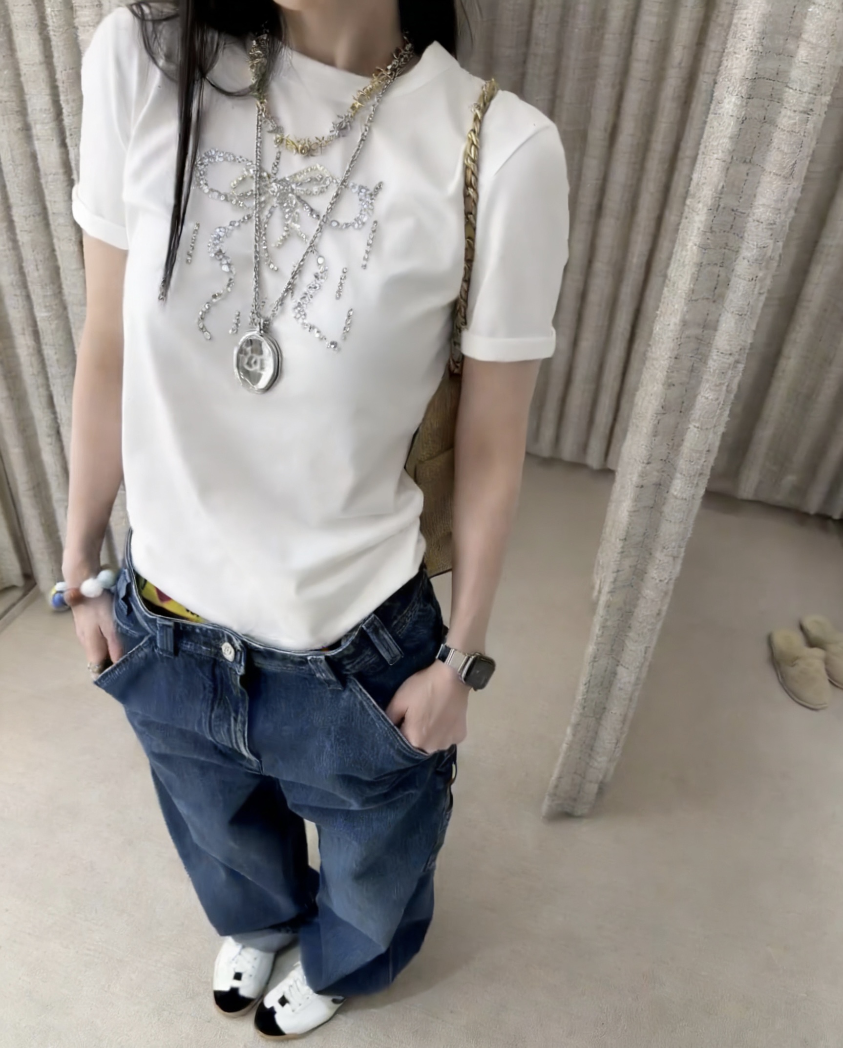 #Chane♡²⁶春夏新款 重工蝴蝶结钉珠短袖T恤 高品质定制 现货首发size：36/38/40（36