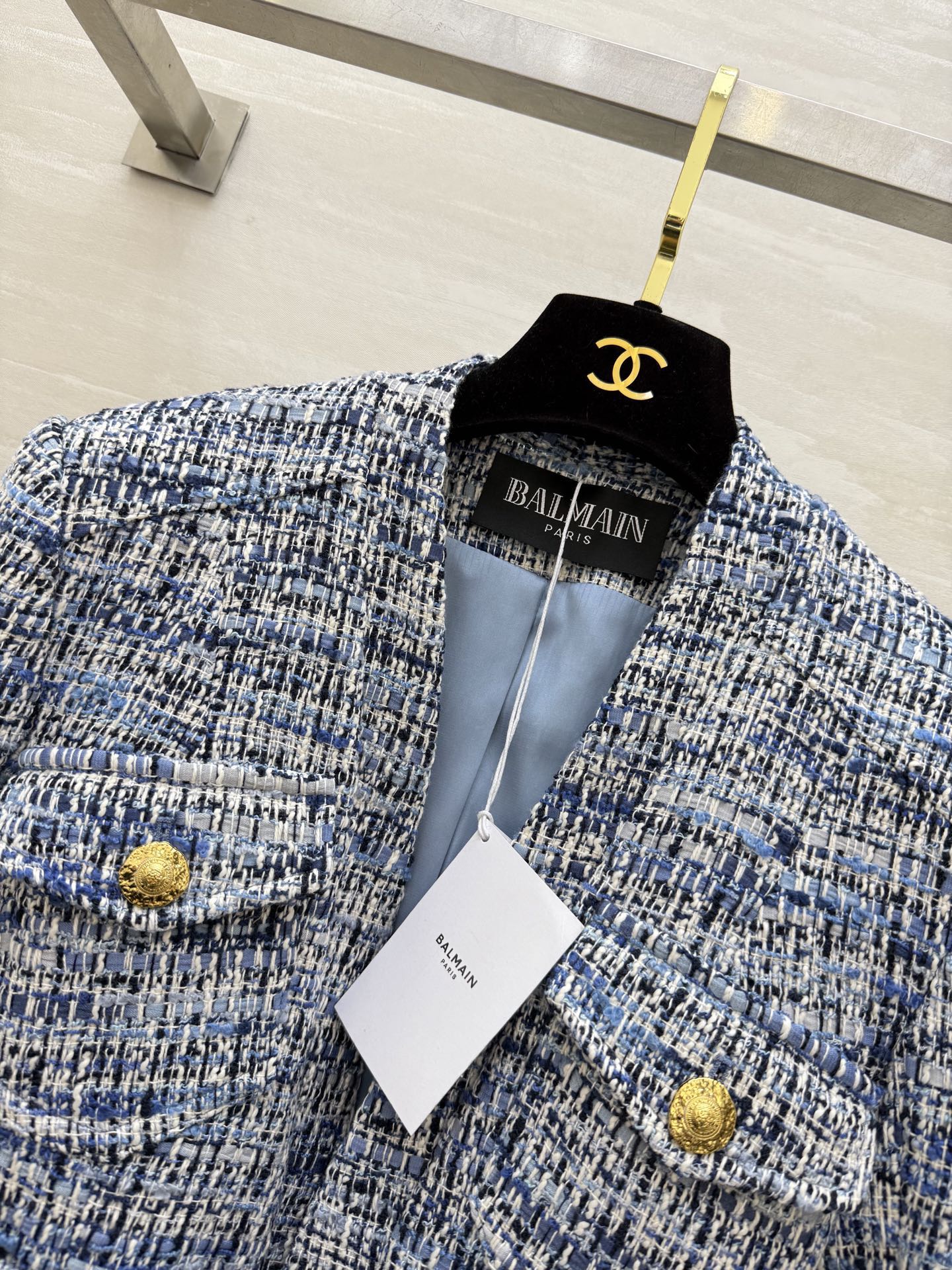 #BALMAI♡²⁶新款 蓝白花呢外套 经典粗花呢 蓝白编织纹理超有质感 金色纽扣+腰带细节法式优雅与现