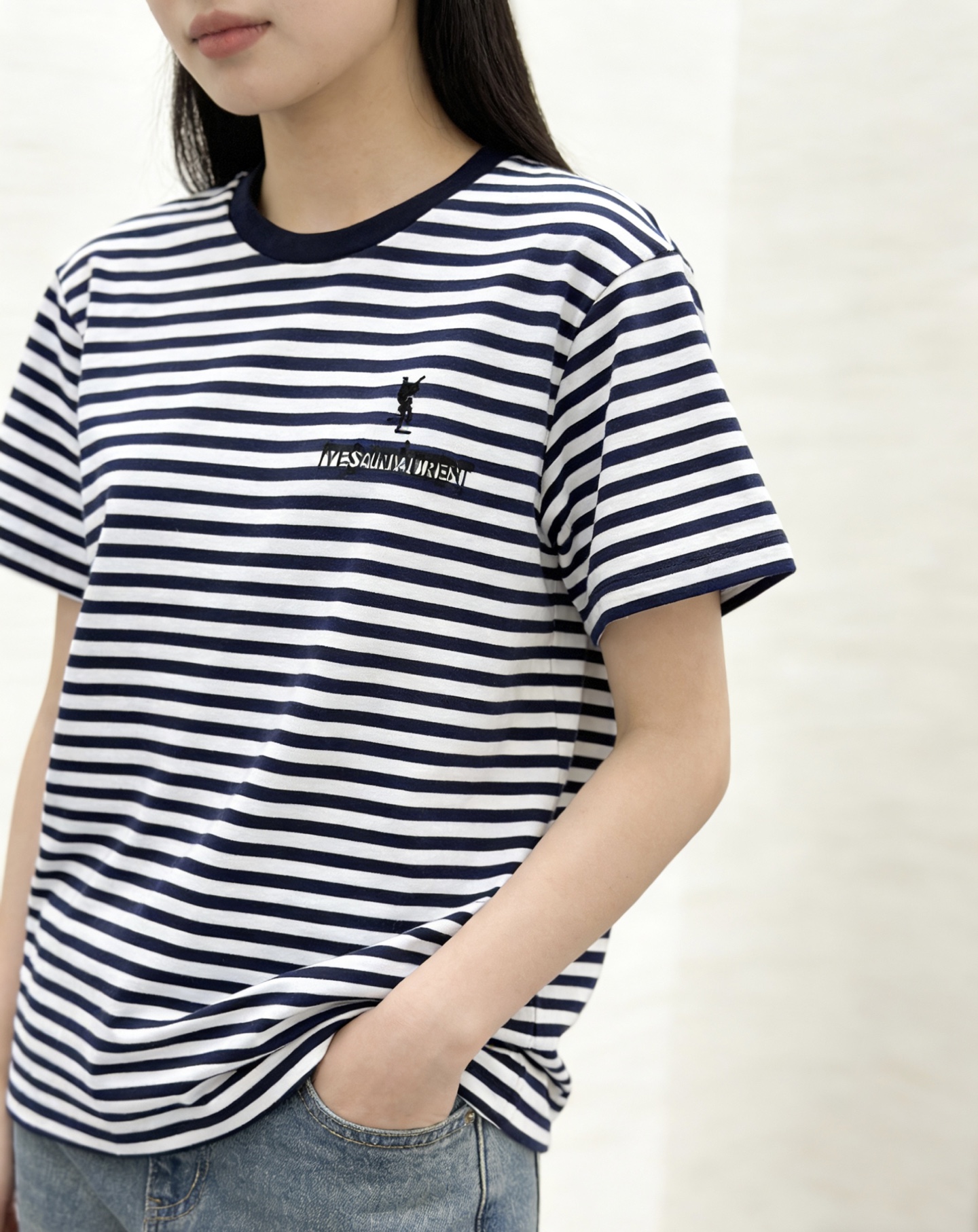 #ysl²⁶春夏新款 经典蓝白条纹短袖T恤 YSL刺绣🪡标 永不过时的松弛感 重磅纯棉上身软糯又有型 日