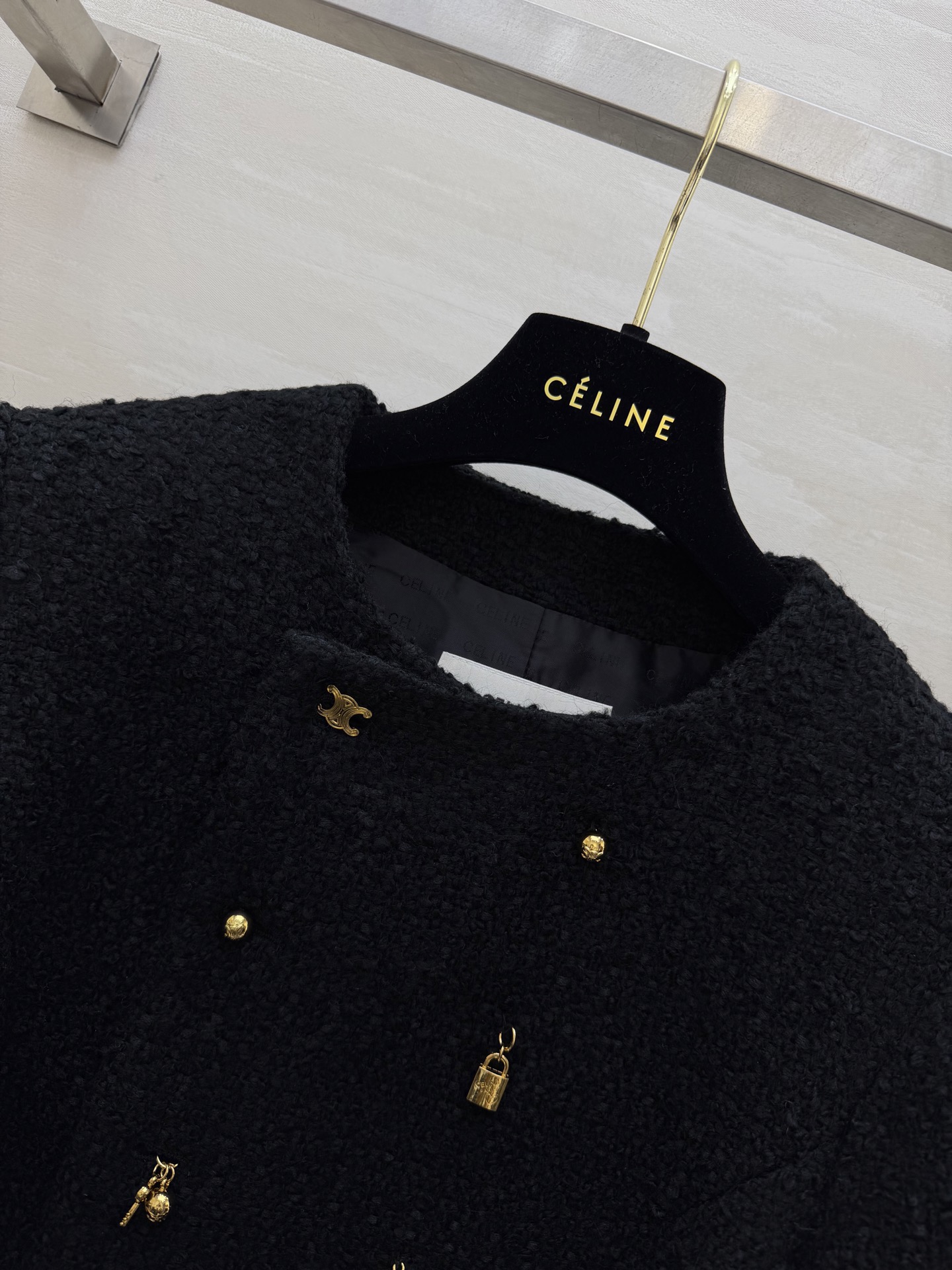 #CELIN♡ 刘诗诗同款 凯旋门系列 羊绒夹克外套黑色山羊绒混纺柔软又舒适 开模金色凯旋门Logo纽扣