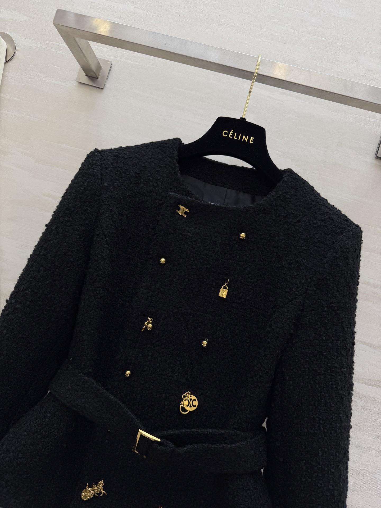 #CELIN♡ 刘诗诗同款 凯旋门系列 羊绒夹克外套黑色山羊绒混纺柔软又舒适 开模金色凯旋门Logo纽扣