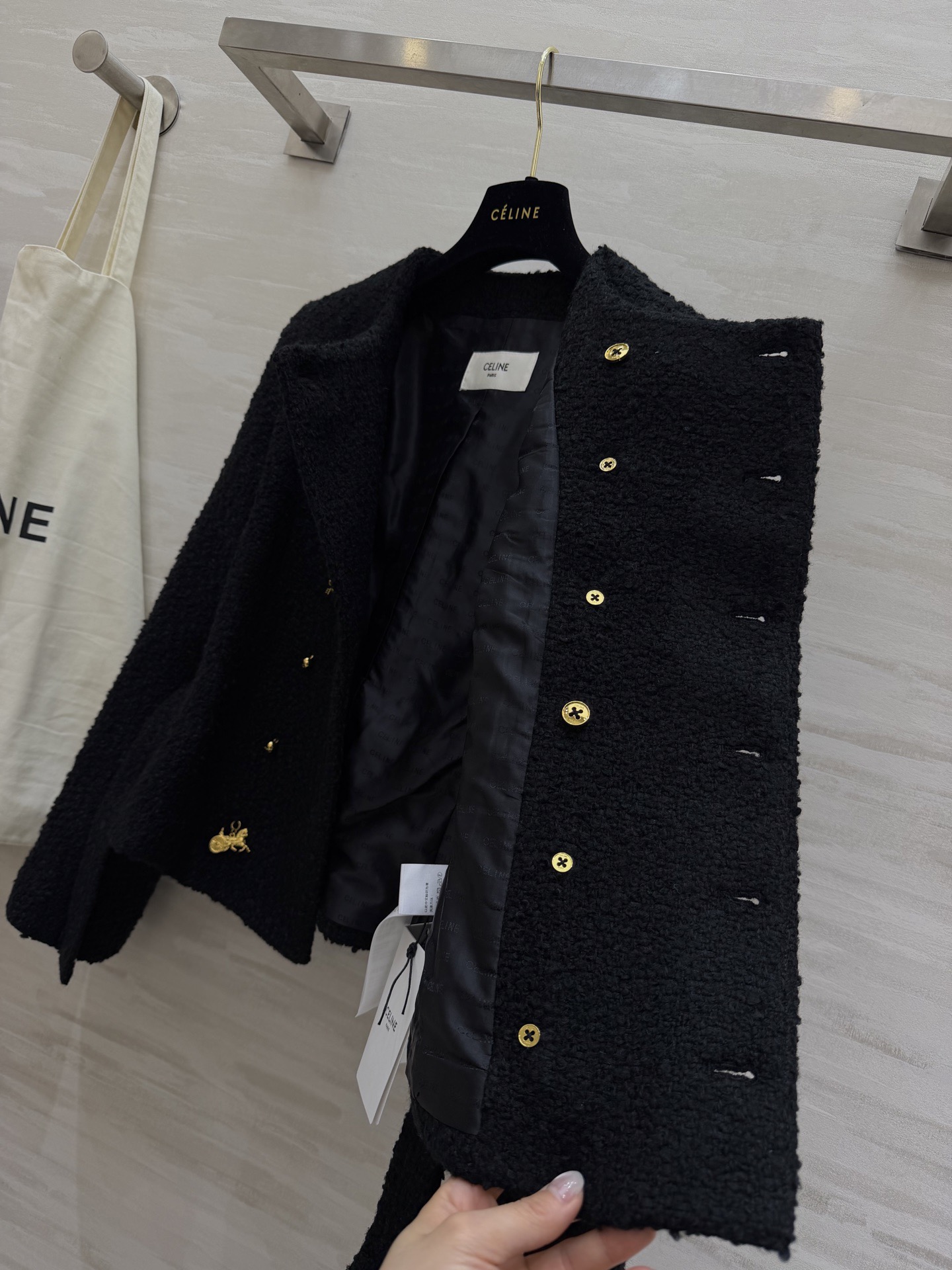 #CELIN♡ 刘诗诗同款 凯旋门系列 羊绒夹克外套黑色山羊绒混纺柔软又舒适 开模金色凯旋门Logo纽扣