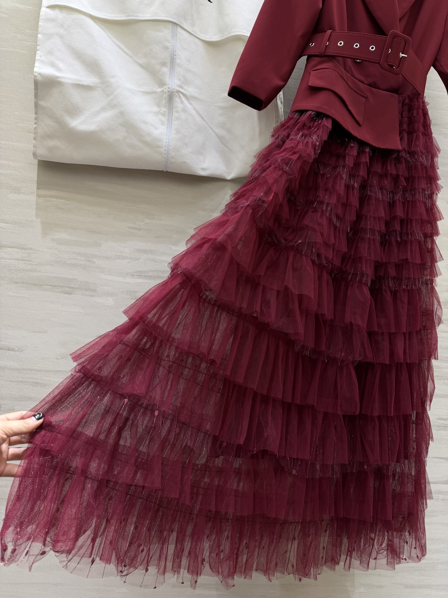 #DIO♡²⁶新款 西装拼接网纱长裙​​ 假两件设计 西装领拼接层叠网纱蛋糕裙 刚柔并济超有气质！七分袖